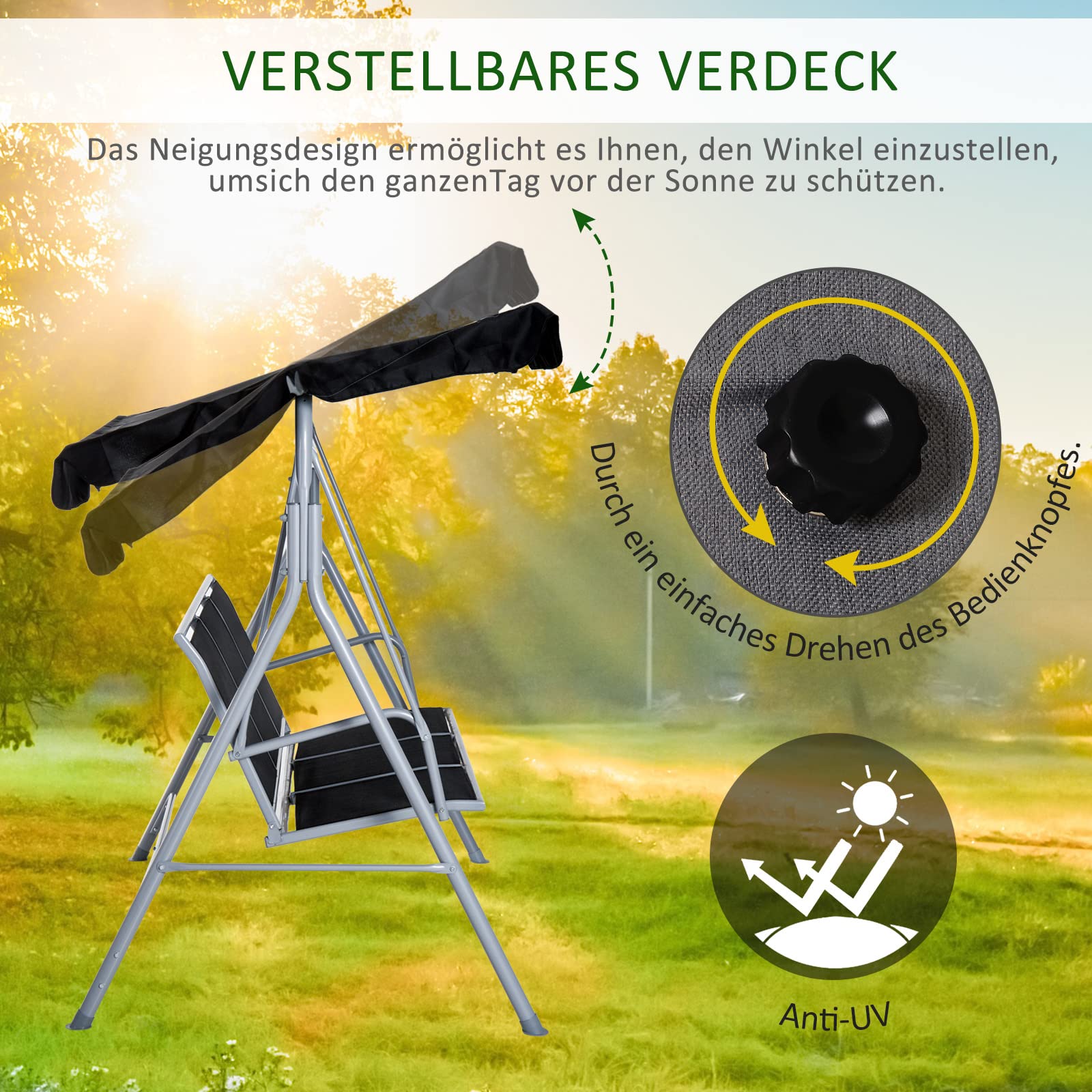 Outsunny Hollywoodschaukel mit verstellbarem Sonnendach, 3-Sitzer Gartenschaukel mit Anti-Rutsch-Füßen, Schaukelbank belastbar bis 240 kg, Gartenliege für Garten, Terrasse, 171x108x154cm, Schwarz