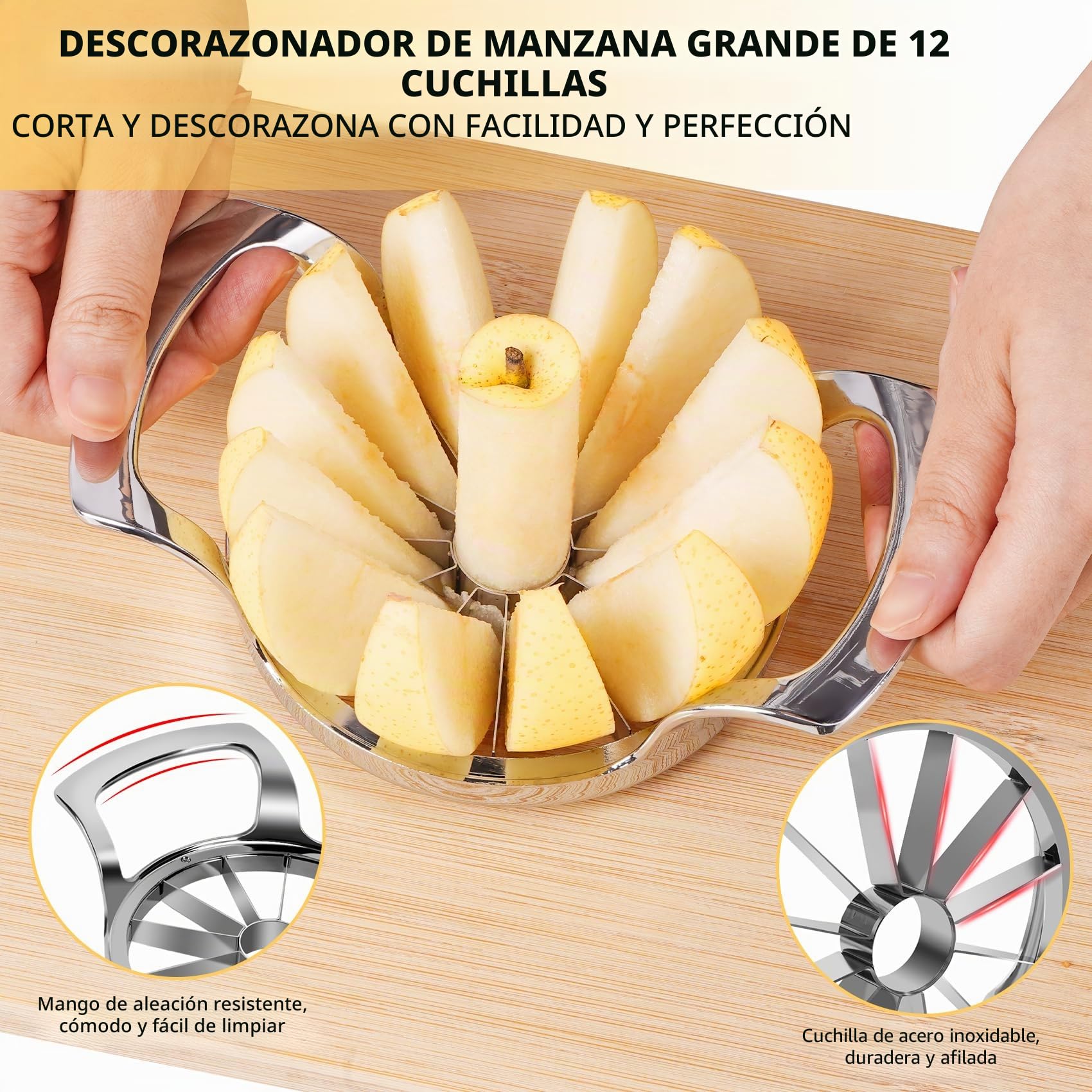 Cortador de manzanas de 12 cm, Vaciador de Manzana extragrande de 12 cuchillas, Pelador de Manzanas de acero inoxidable resistente con sistema de cuchillas de seguridad actualizado