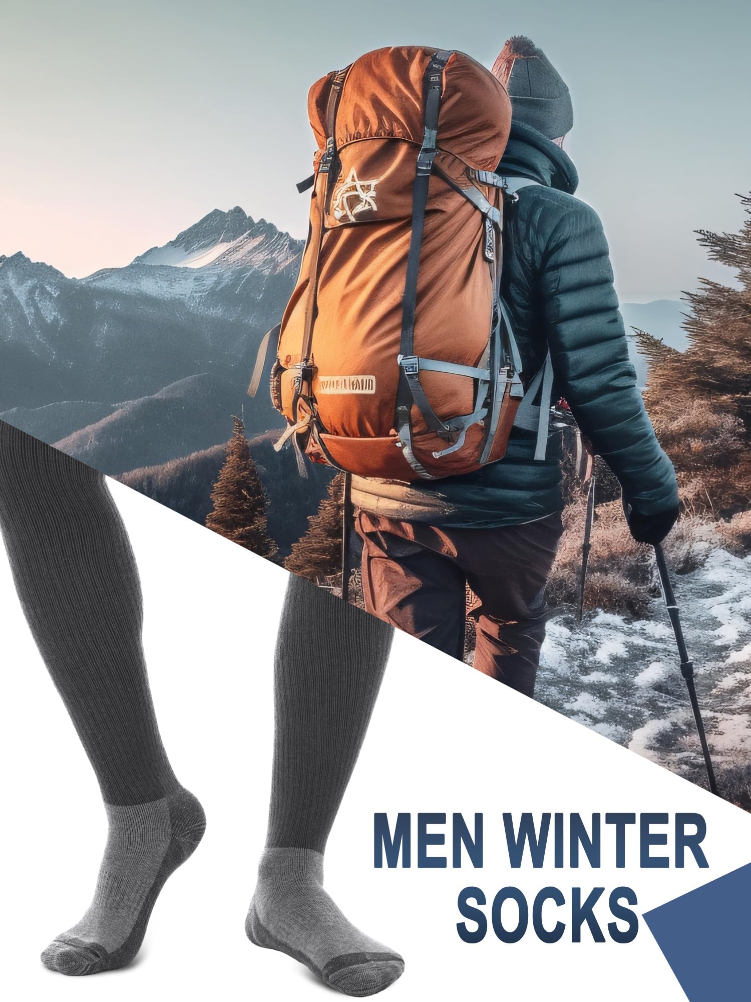 2 pares de calcetines térmicos de mezcla de lana merino para hombre, por encima de la rodilla, calcetines altos para botas altas para hombre, Gris, talla única