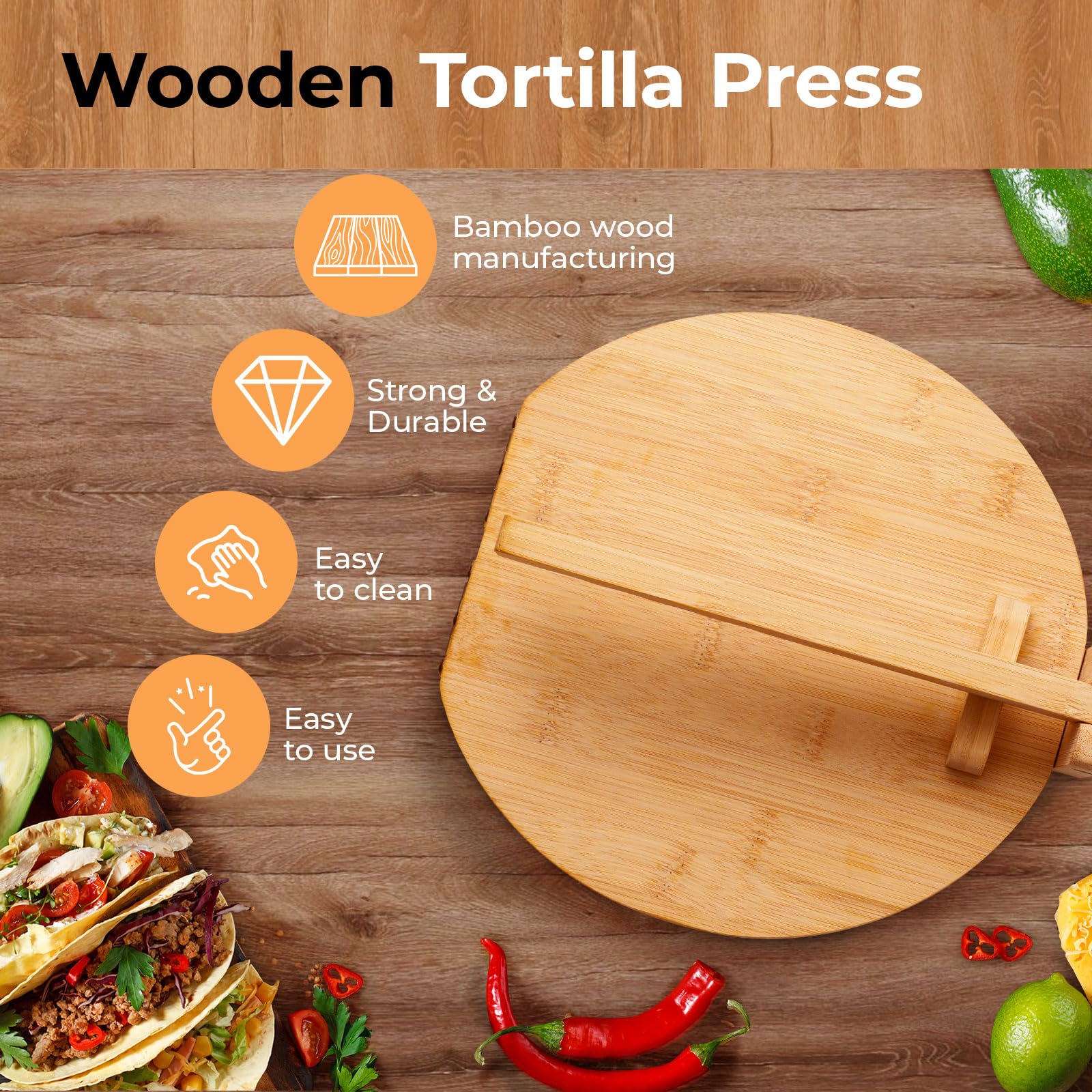 Wooden Tortilla Press 10 Inches Wood Tortilla Press Maker, with Rolling Pin & 50 Pcs Parchment Paper, for Homemade Mexican Tortillera, Roti, Chapati, Taco, Pataconera, Burritos and Dough Press