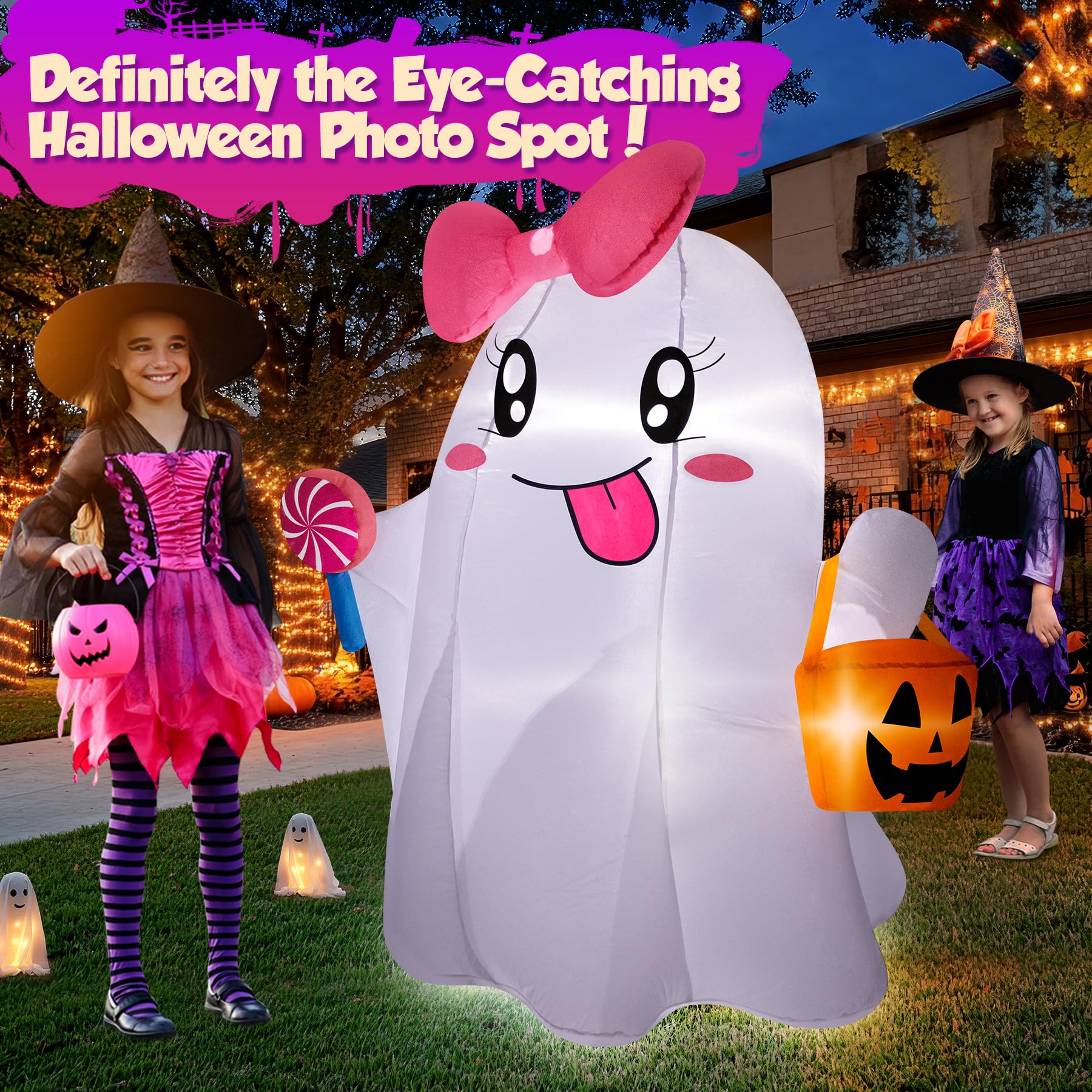 zukakii 5FT Halloween Inflatables Ghost, Cute Halloween Decorations Outdoor Blow Up Yard Decorations with Built-in Bright LED Lights Pumpkin Lollipop Bow Blow-ups for Indoor Outdoor Holiday Party