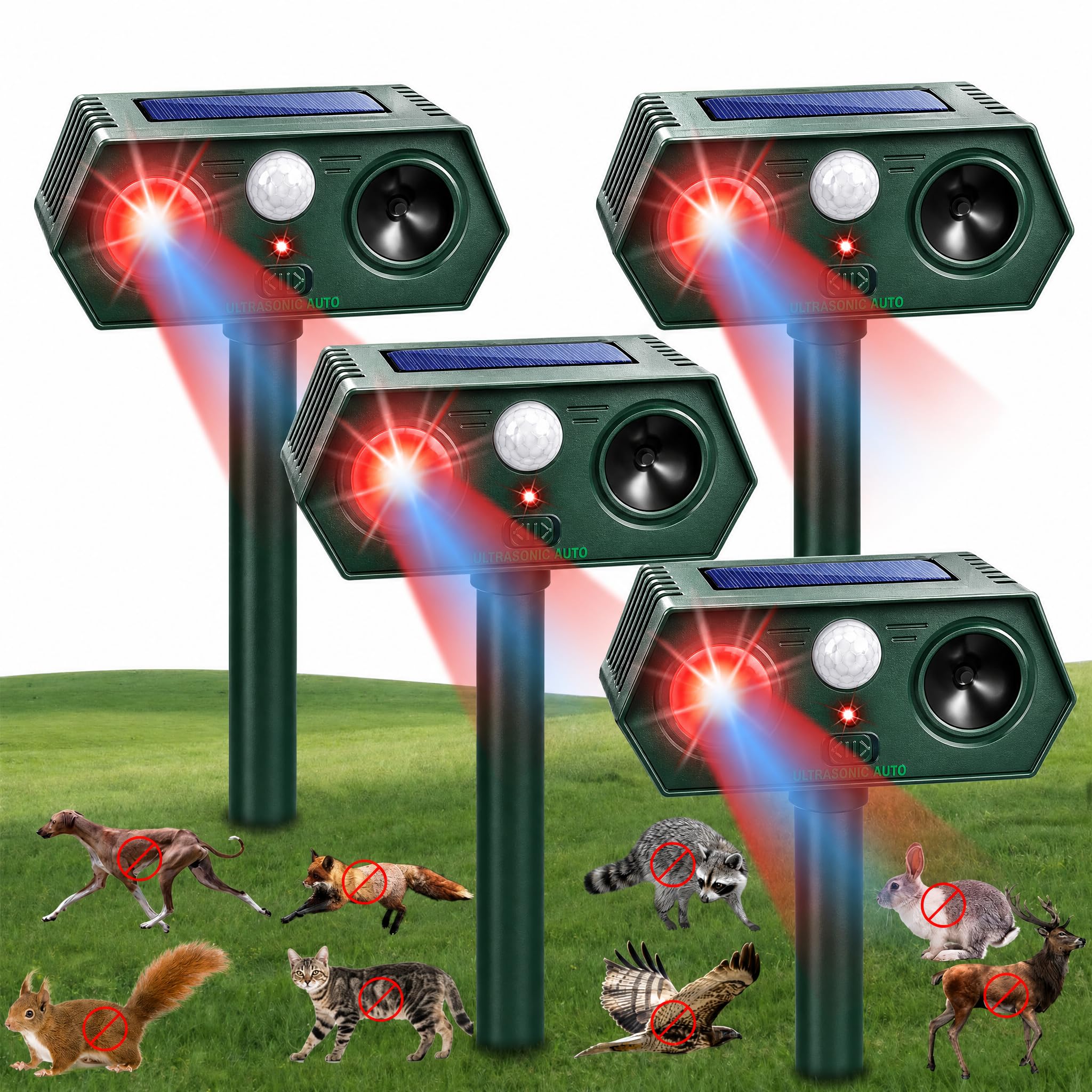 Photo 1 of 4Pack Solar Ultrasonic Animal Repeller with Red&Blue Light for Gardens, Farms and Courtyards, Outdoor Sonic Fortress Pro Deterrent for Deer, Raccoons, Squirrels, Cats, Rabbits, Skunks, Foxes & More