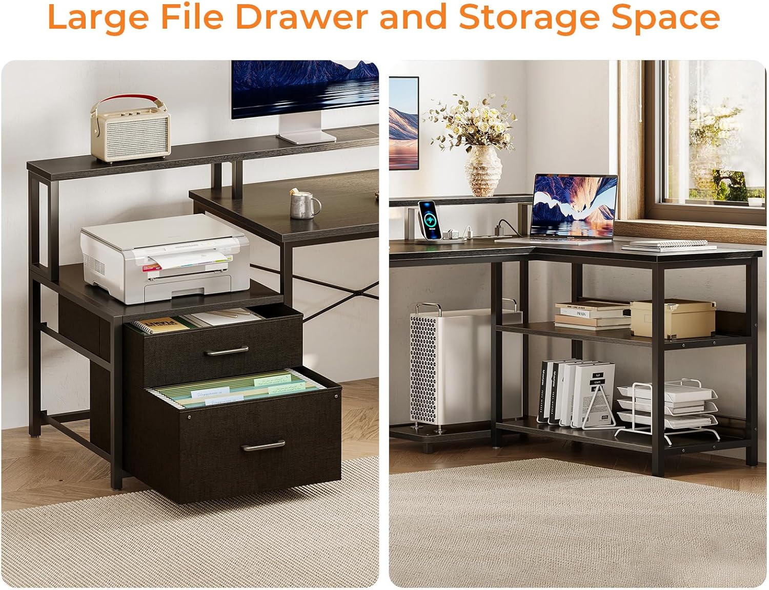 ODK 75" L Shaped Desk with File Drawers, Work from Home Office Desk with Power Outlet, Reversible Computer Desk with Storage Shelves, Gaming Desk with Monitor Shelf, Corner WFM Table, Black