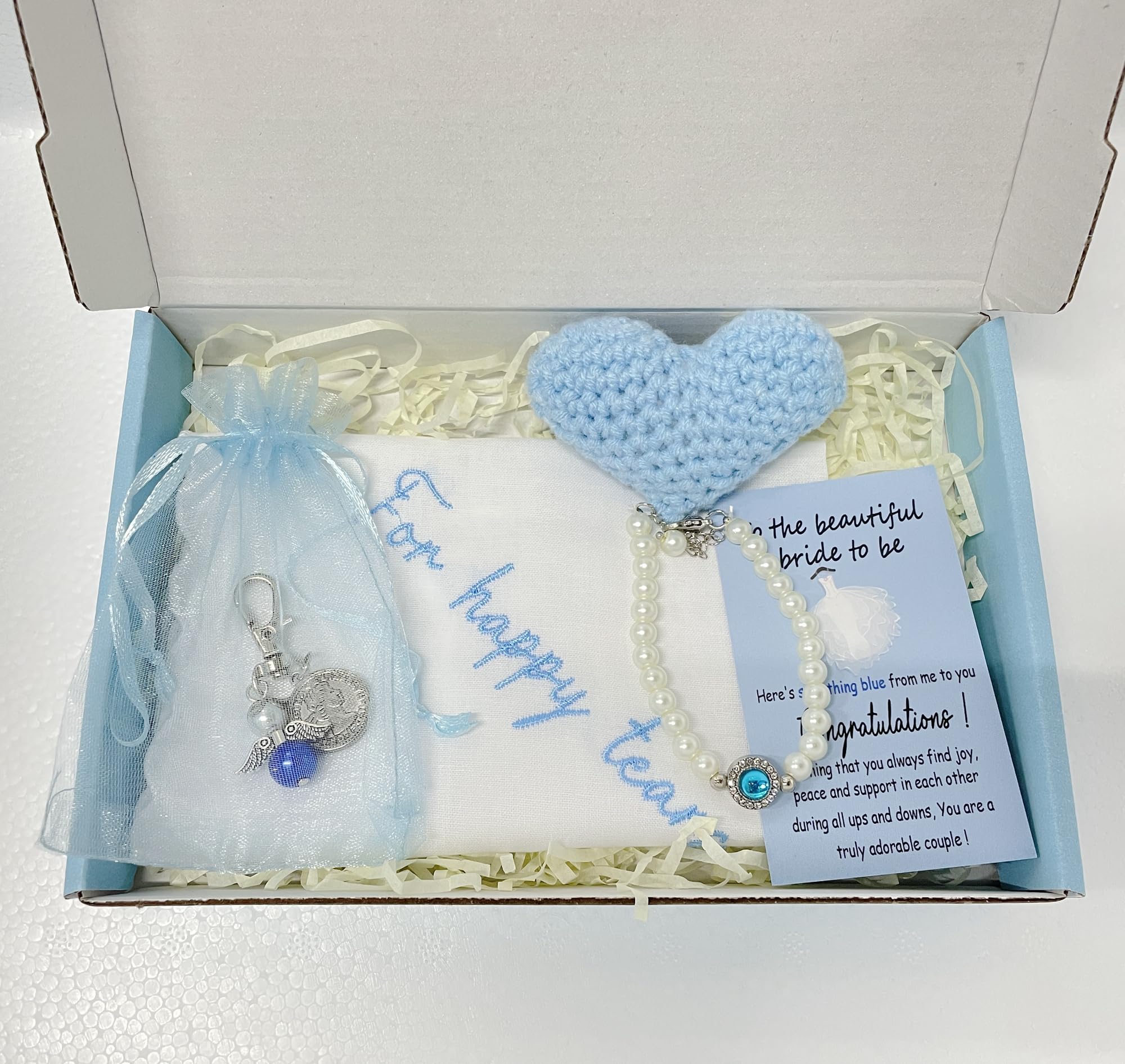 Set of 6 Something Blue Wedding Gift for Bride Embroidered Handkerchief Angel Bouquet Charm Wedding Jewelry Bracelet Crocheted Heart Sweet Card Gift Box - Image 2