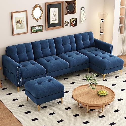 P PURLOVE Velvet Modern Large Sectional Sofa, U Shape Upholstered Couch with Chaise, Convertible Sofa Couch with Movable Ottoman for Living Room Apartment (Blue)