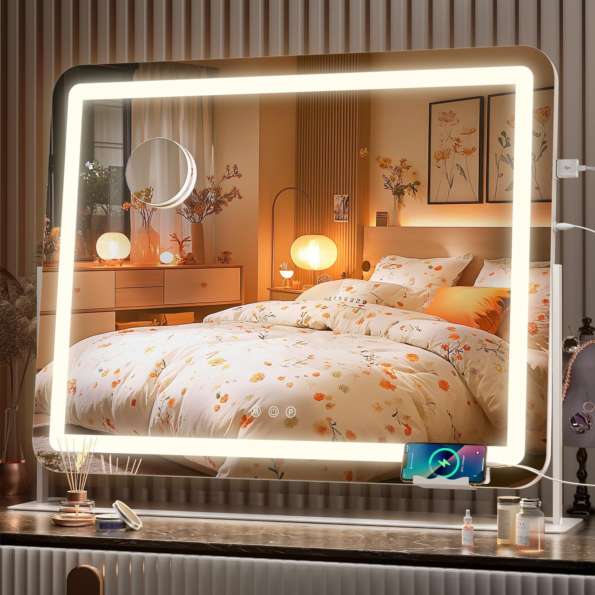 Hasipu Vanity Mirror with Lights, 65 x 55cm LED Make up Mirror, Light up Mirror with 10X Magnification and Brightness Adjustment, 3 Color Dimmable, Smart Touch & 360° Rotation, Round White