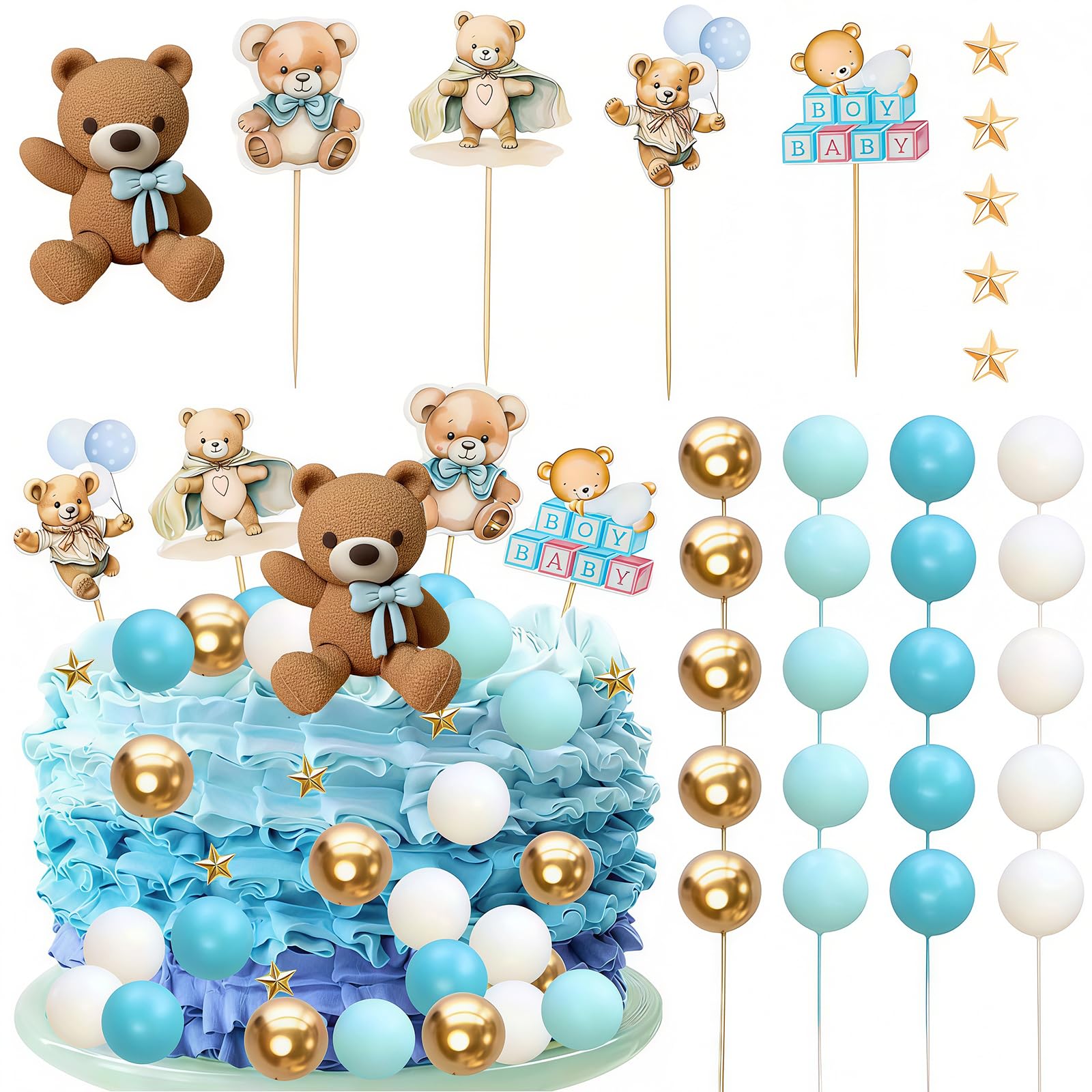 Bear Cake Decoration, 38 pcs Beige Brown Balls Cake Decoration, Luxury Baby Shower, Topper Boho Cake
