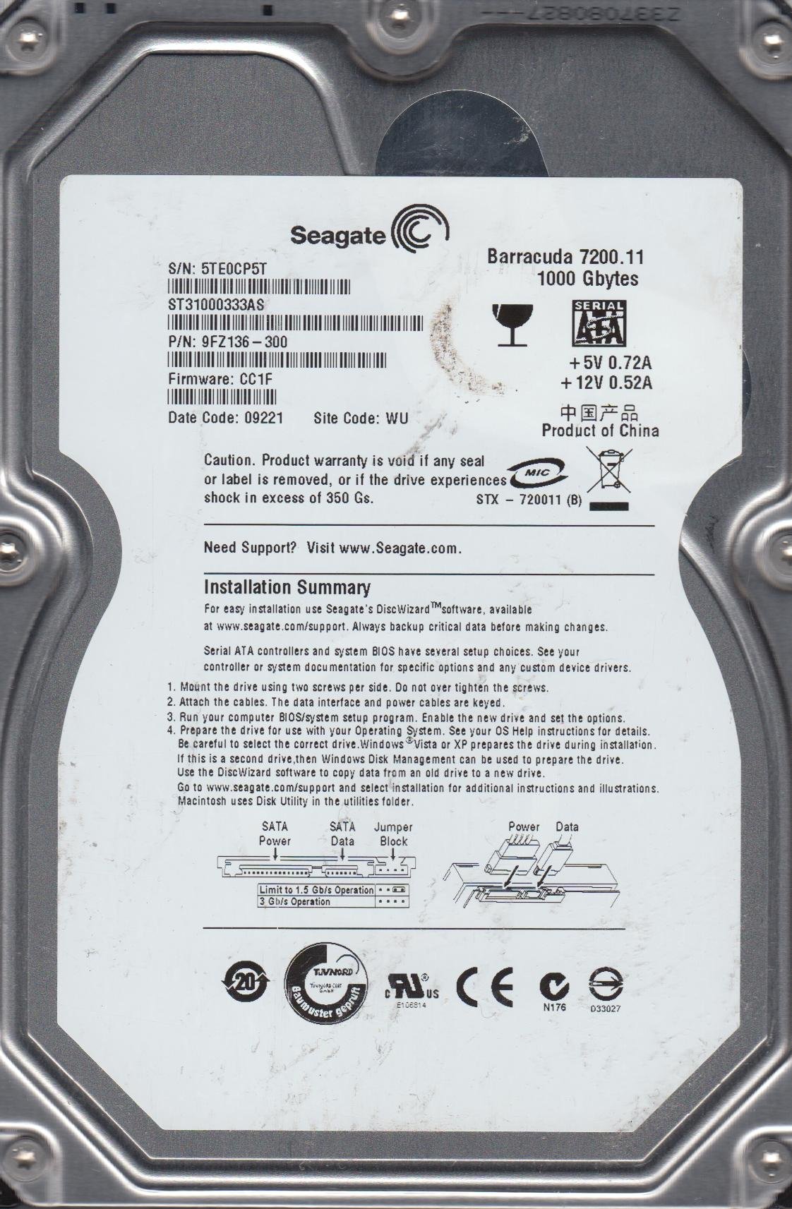 Amazon | Seagate ST31000333AS 5TE WU PN 9FZ136-300 FW CC1F 1TB