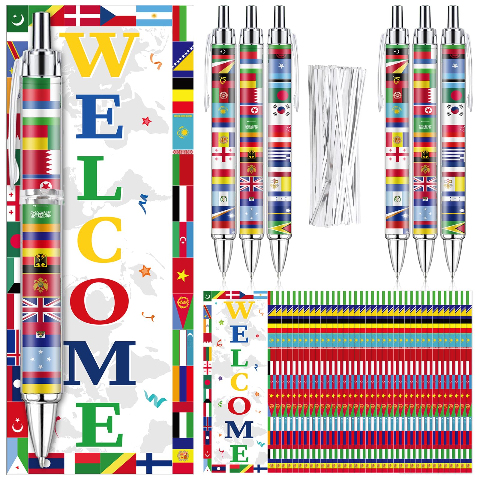 EYNDYN 50 Sets International Flag Pens World Country Flag Ballpoint Retractable Pens Bulk with Cards for International Sports Events Party Favors