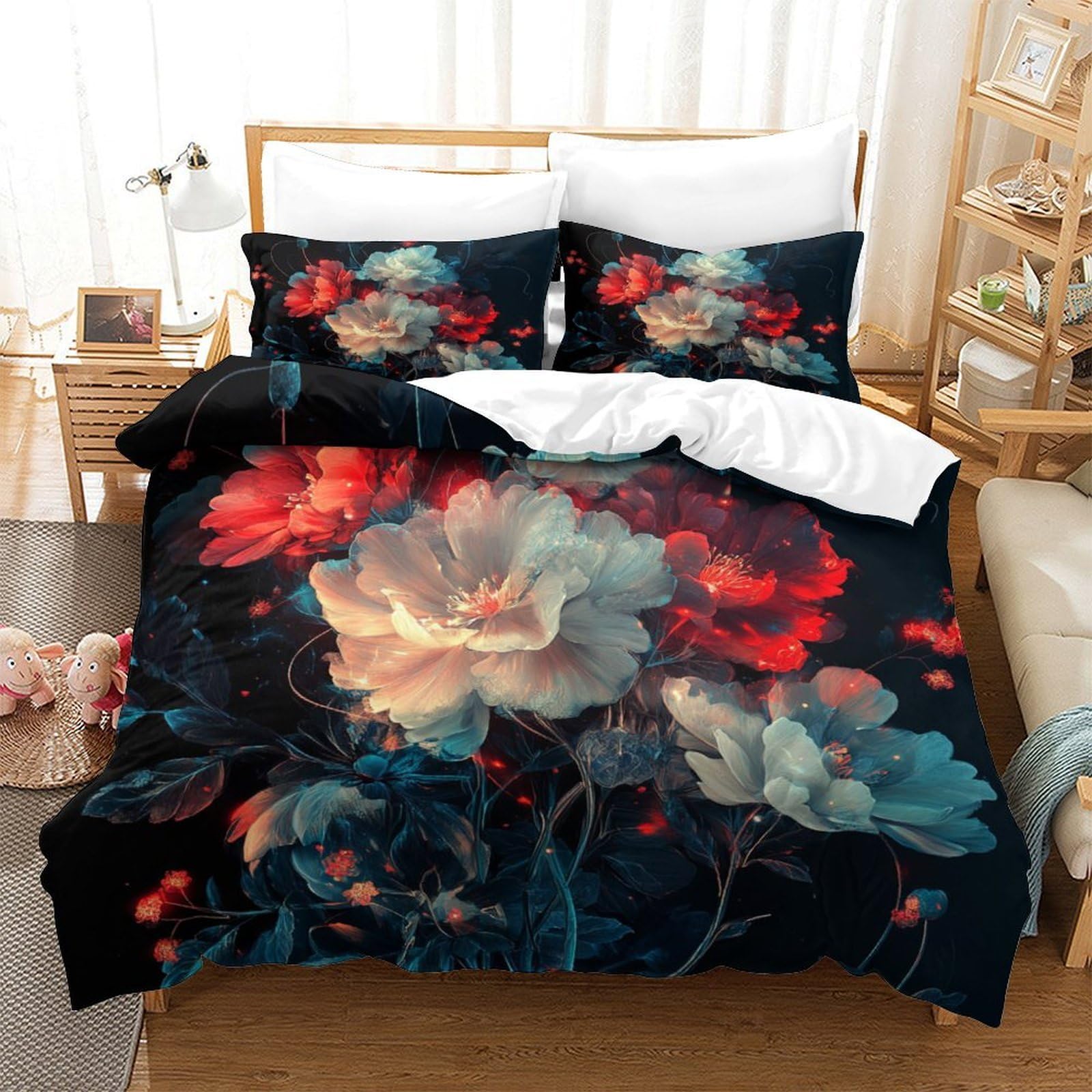Flamingo-Pärchen Bettbezug 3D Gedruckt Mikrofaser Atmungsaktiv Reißverschluss Bettdeckenbezug 3 Teilig Weich mit Kissenbezug Schlafkomfort for Kinder & Fans Super King（260x220cm）
