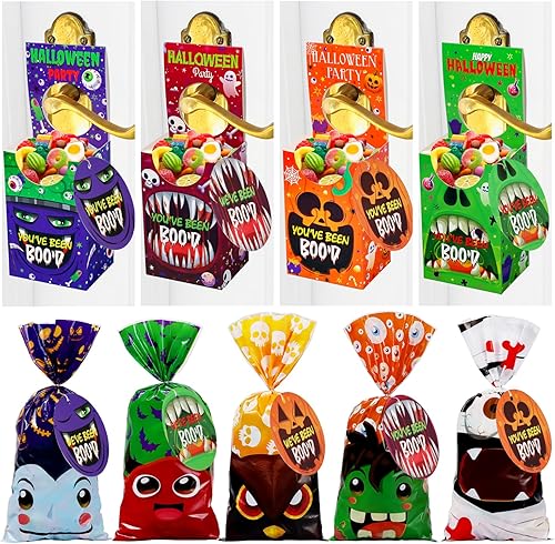 PINWATT Bolsas de golosinas de Halloween 20 cajas de dulces de Halloween con 30 bolsas de celofán y 40 etiquetas Bolsas de truco o trato para