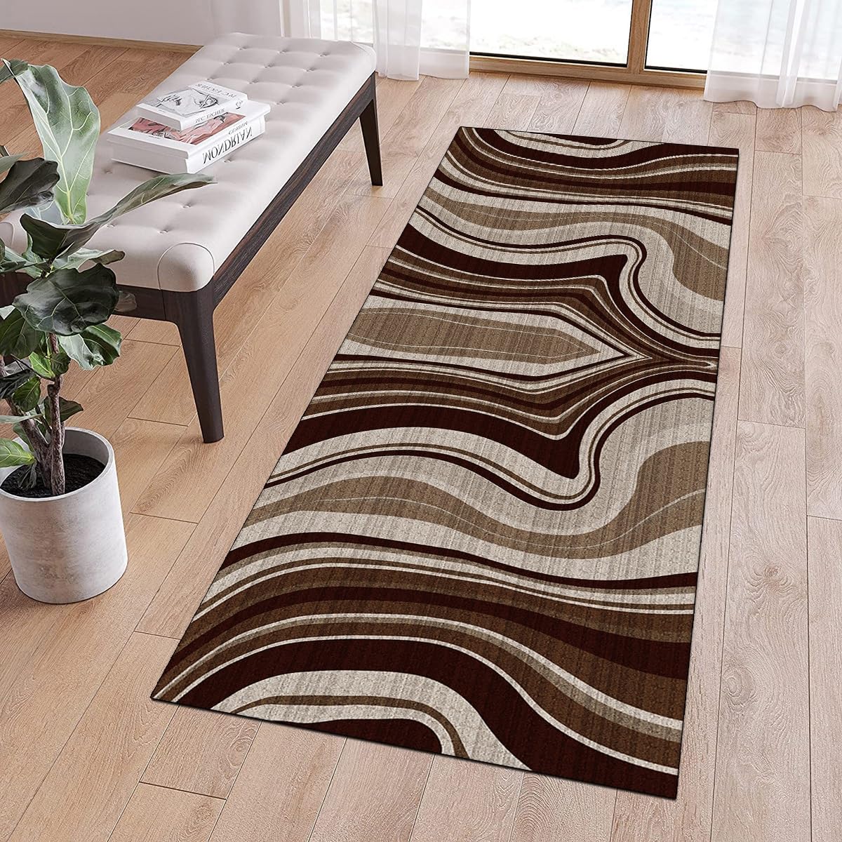 Tappeto runner antiscivolo, per corridoio, marrone, grigio, 90 x 250 cm, patchwork, lavabile, decorazione per la casa, per cucina, corridoio, soggiorno, zerbino, con retro in gomma, larghezza 40-120