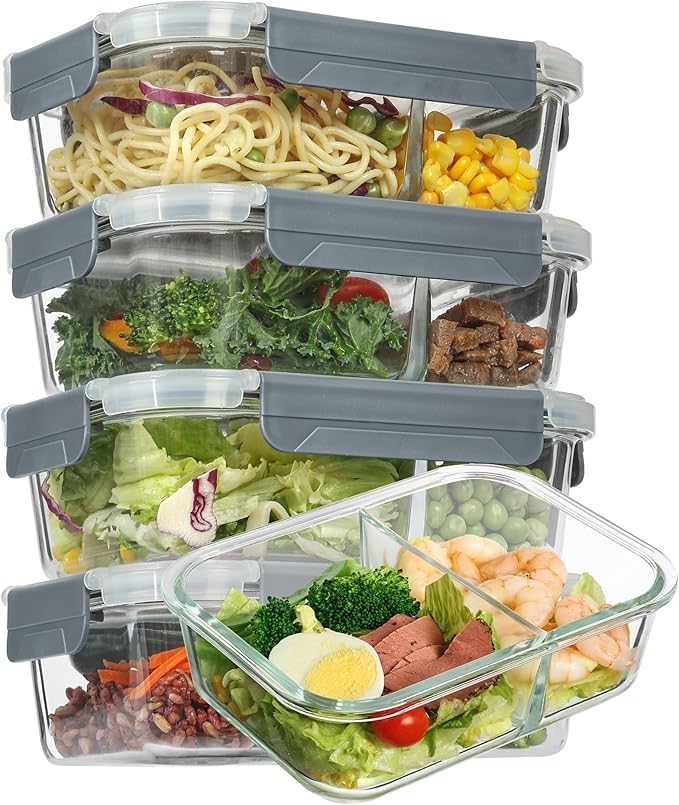5pack 33oz Glass Container Food Storage 2 Compartments, Airtight Lunch