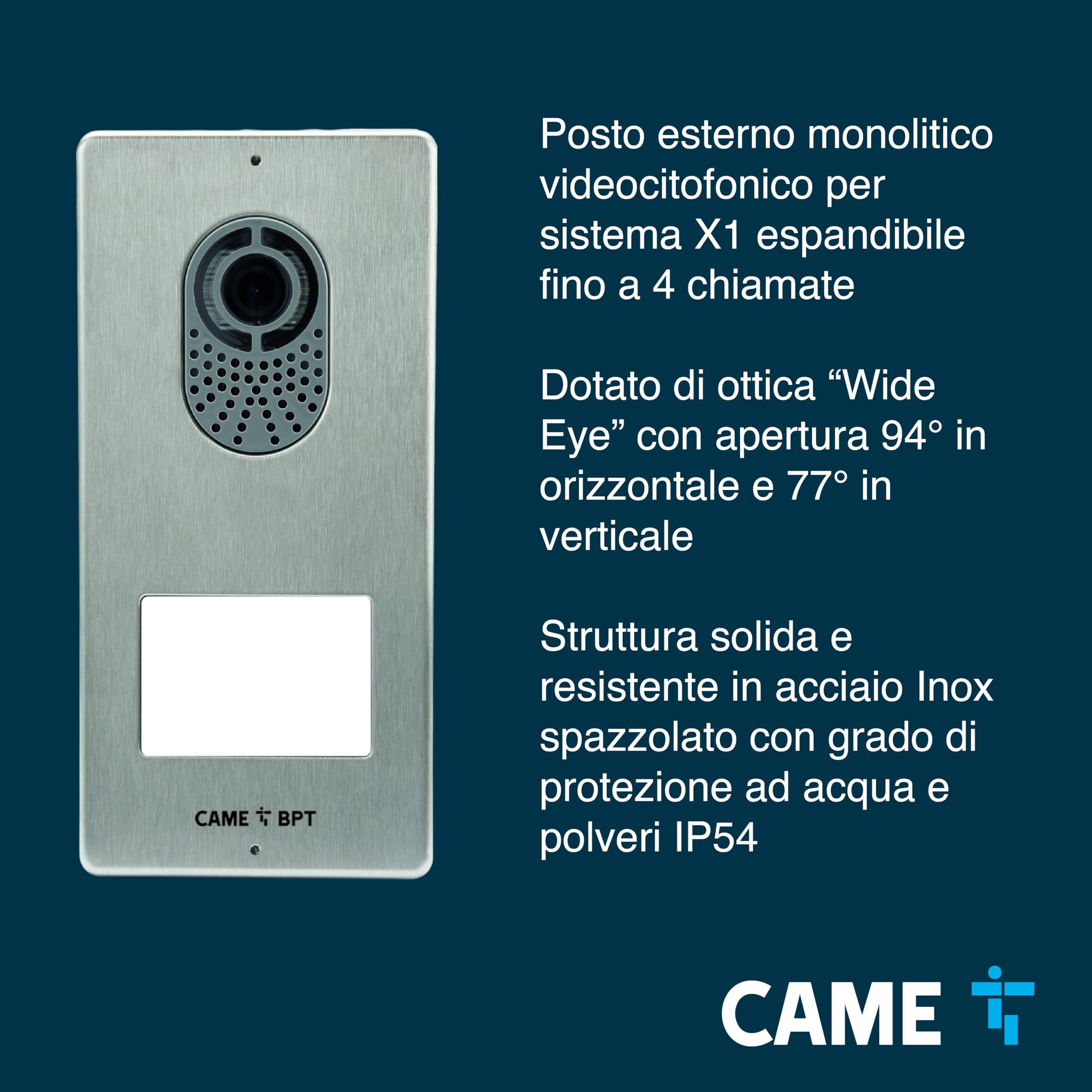 CAME Kit videocitofonico monofamiliare include videocitofono bianco FUTURA X1 vivavoce display LCD 7˝ tasti soft touch, targa esterna LCV/01, pulsante singolo con targhetta porta-nome e alimentatore