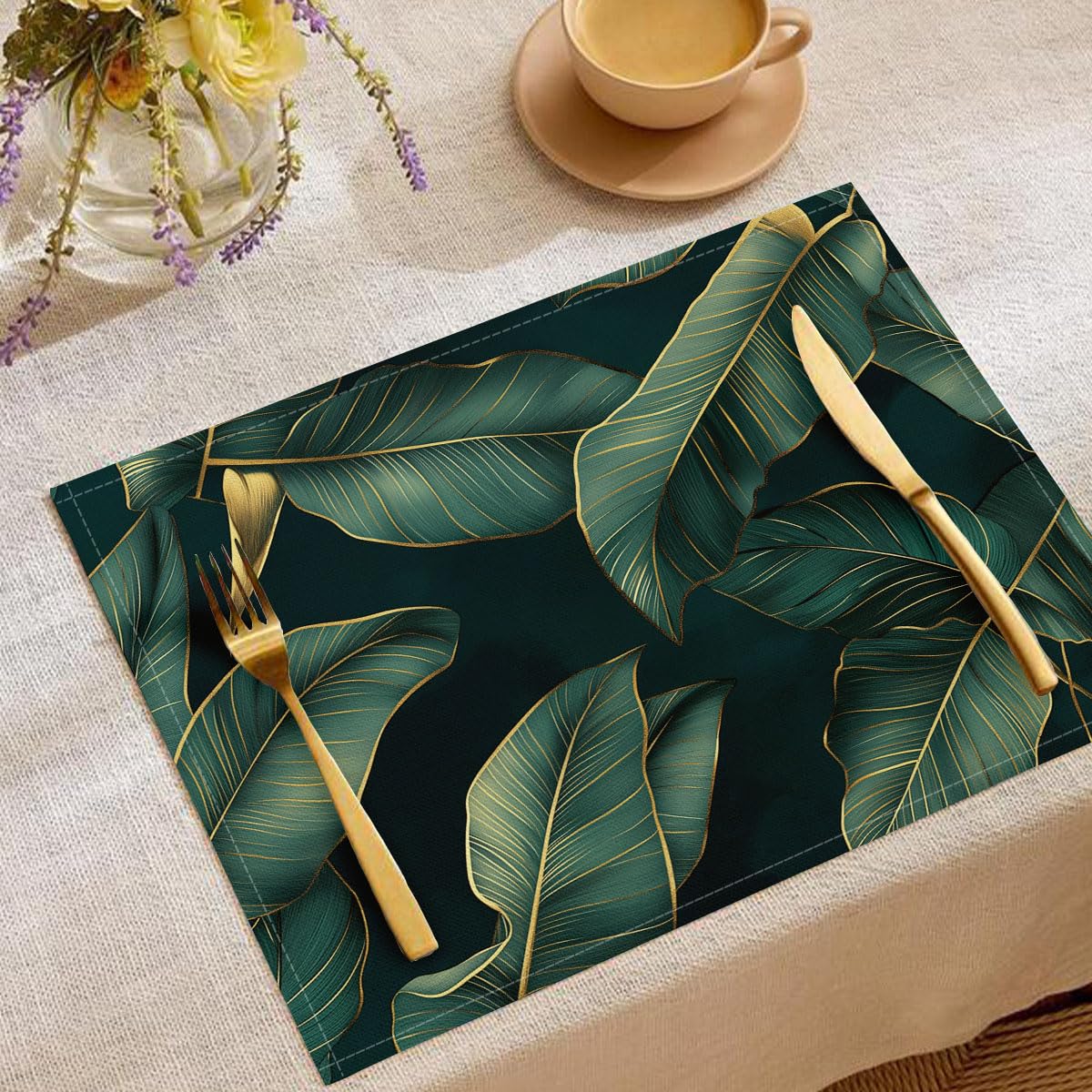 Tovagliette Americana Lavabili Foglie Di Banano, Set di 8 Tovagliette Non-scivolose Resistenti al Calore, Trama Dorata Tovaglietta Americane per Cucina, matrimoni 45 x 30 cm