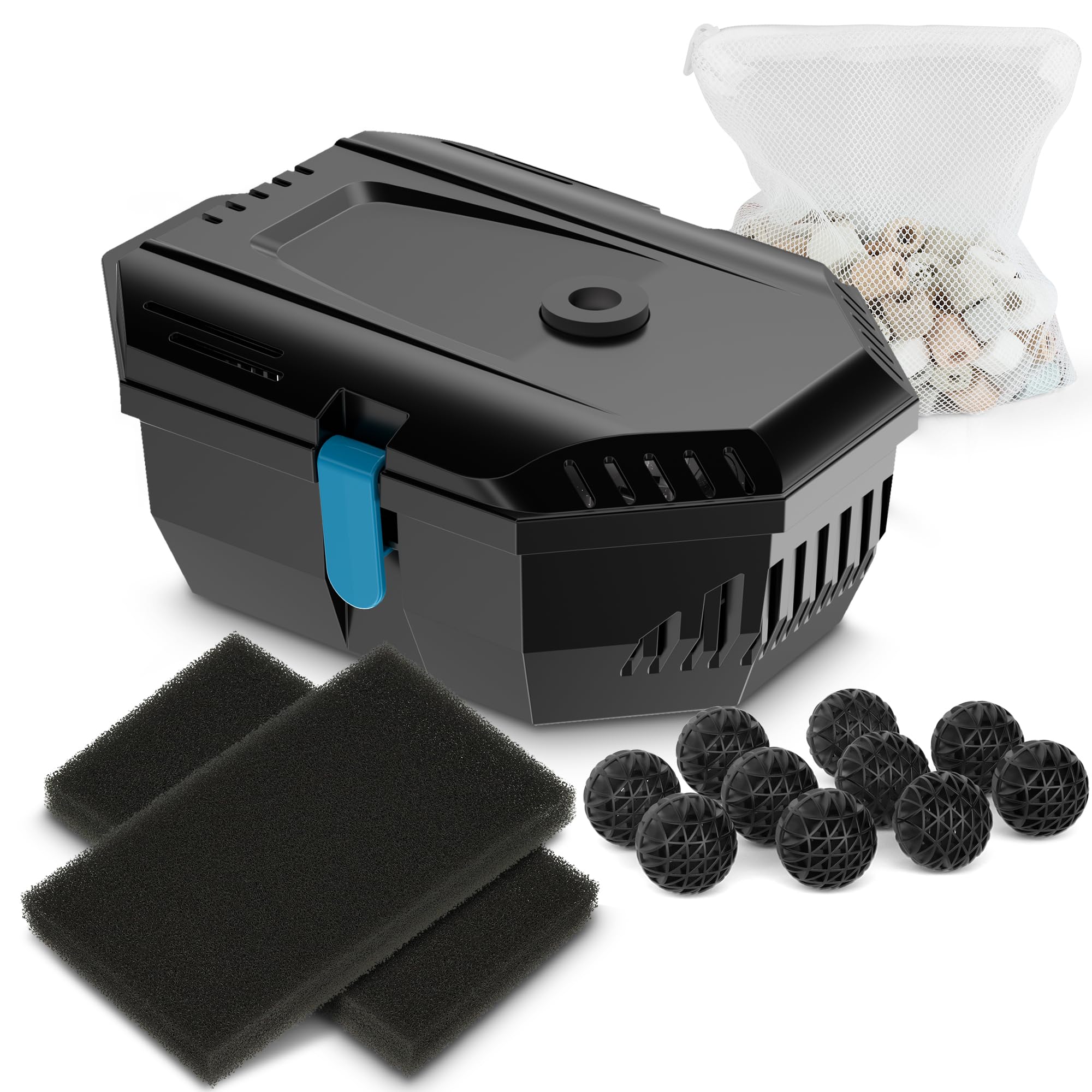 NFESOLAR Small Pond Filter for Outdoor Ponds Fish Tank 50-600 Gallon, Filter Box Protect Submersible Pump with Filter Pads, Bio-Balls and Ceramic Filter Rings N9200