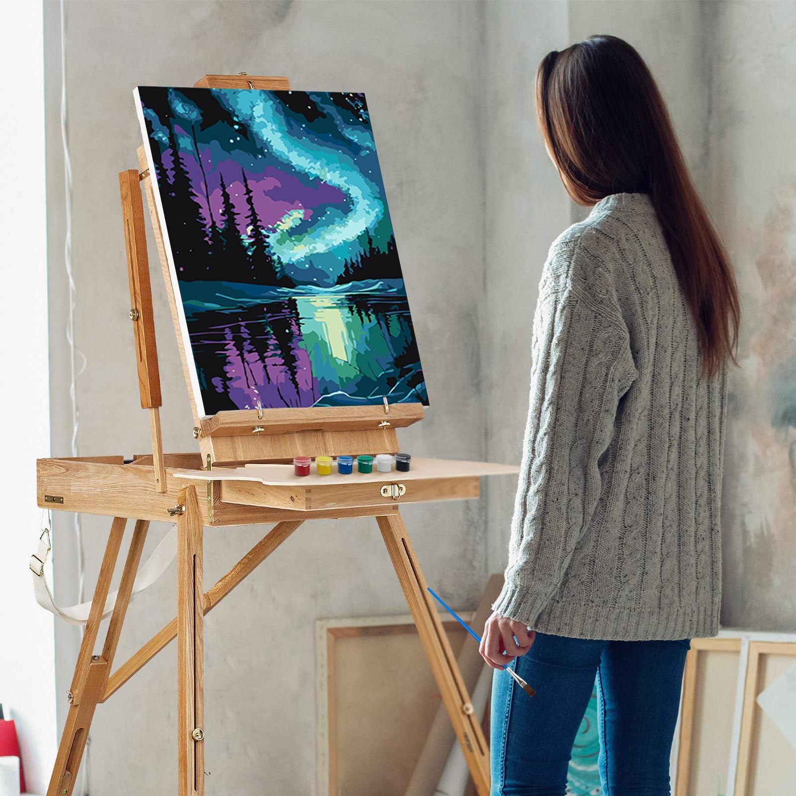 Auaora Kit Pittura Con Numeri Per Adulti - Aurora Boreale Su Tela Con Cornice - Completo Di Colori E Pennelli