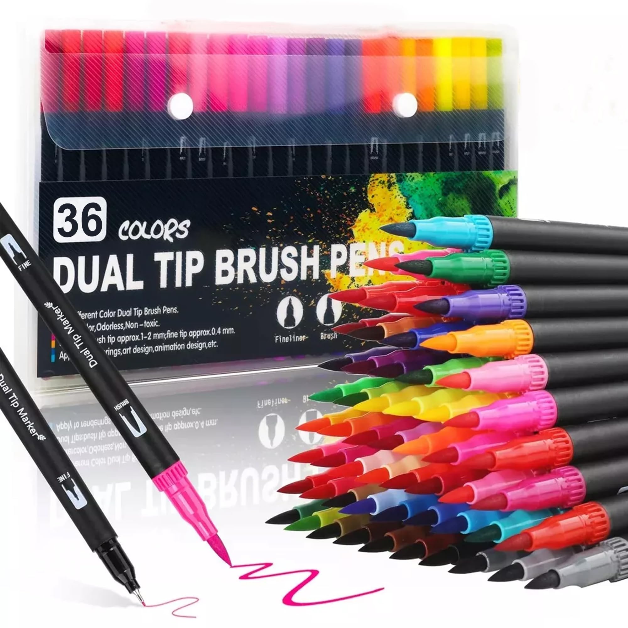 KLIFFOO 36 Colors Dual Tip Art Markers Sketch Pens with Carrying Case for Painting Sketching Calligraphy Drawing, Fine and Brush Tip Permanent Colouring Marker Pen for Kids Adult, Multicolor (36)