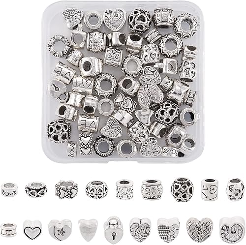 Miniatura 8 de Cheriswelry 72 cuentas de agujero grande europeo tibetano de 0.295-0.472 in, columna de corazón de plata antigua, espaciadores sueltos, suministros