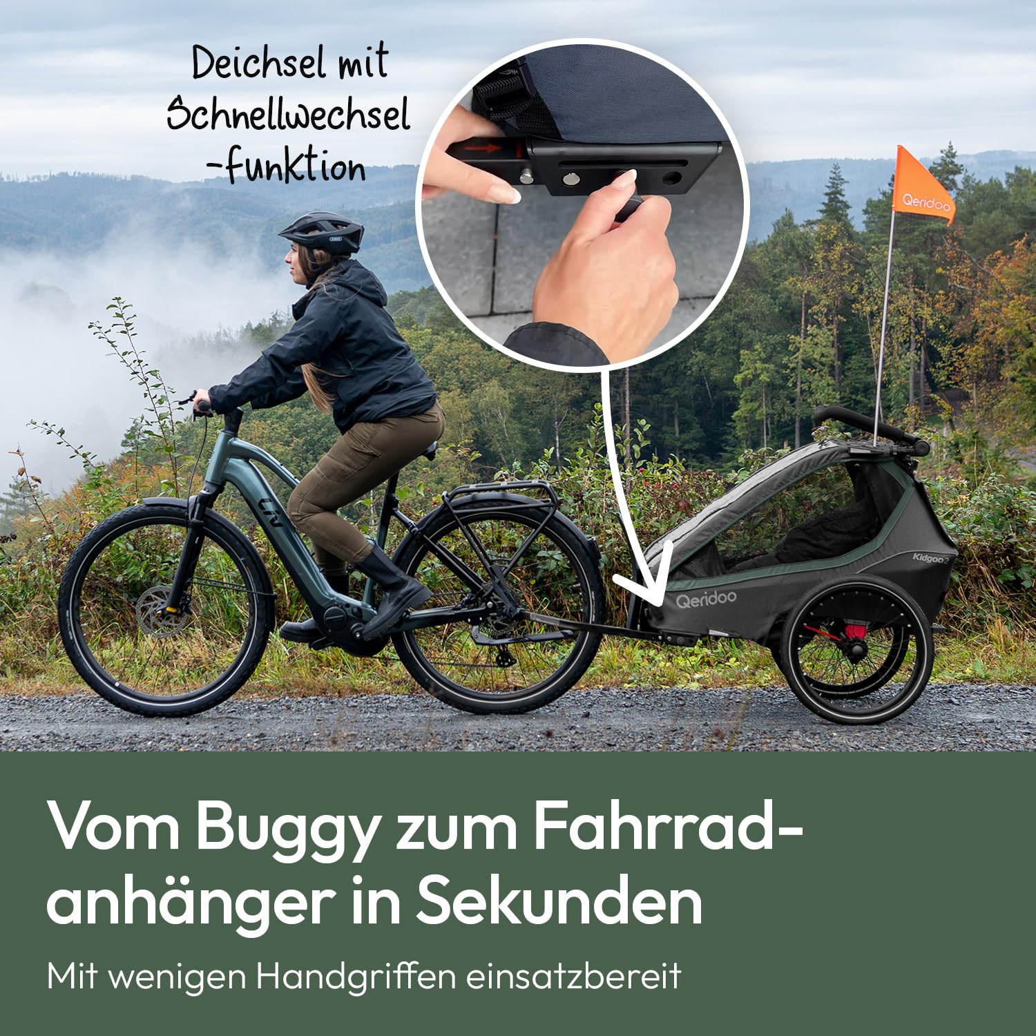 Qeridoo Kidgoo 2 Ivy Green Remorque de vélo pliable avec harnais à 5 points et système de fixation Easy-ARS pour 2 enfants avec roue de poussette rotative à 360° et protections de tête brevetées