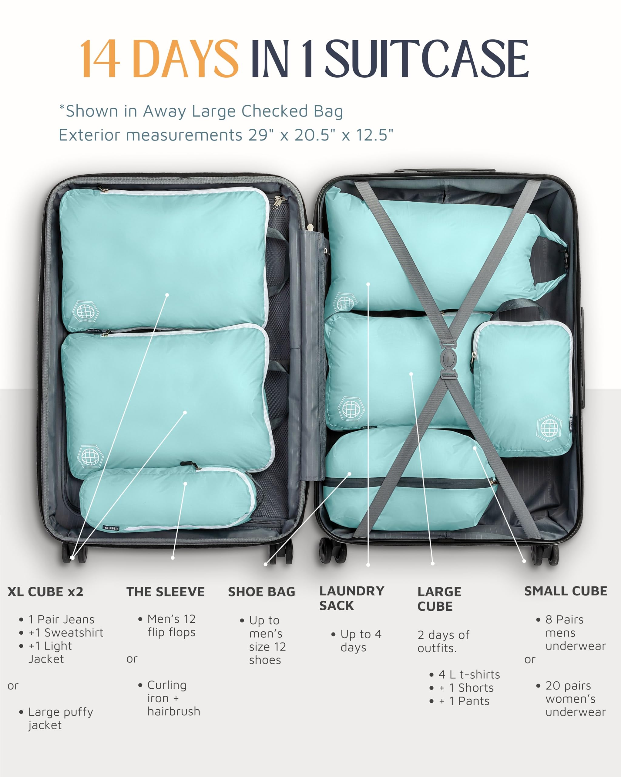 TRIPPED Travel Gear - Set di 7 cubi da imballaggio grandi per bagagli a compressione, ultra leggeri, espandibili, sacchetti a compressione per vestiti di TRIPPED Travel Gear (DustyTeal/bianco)