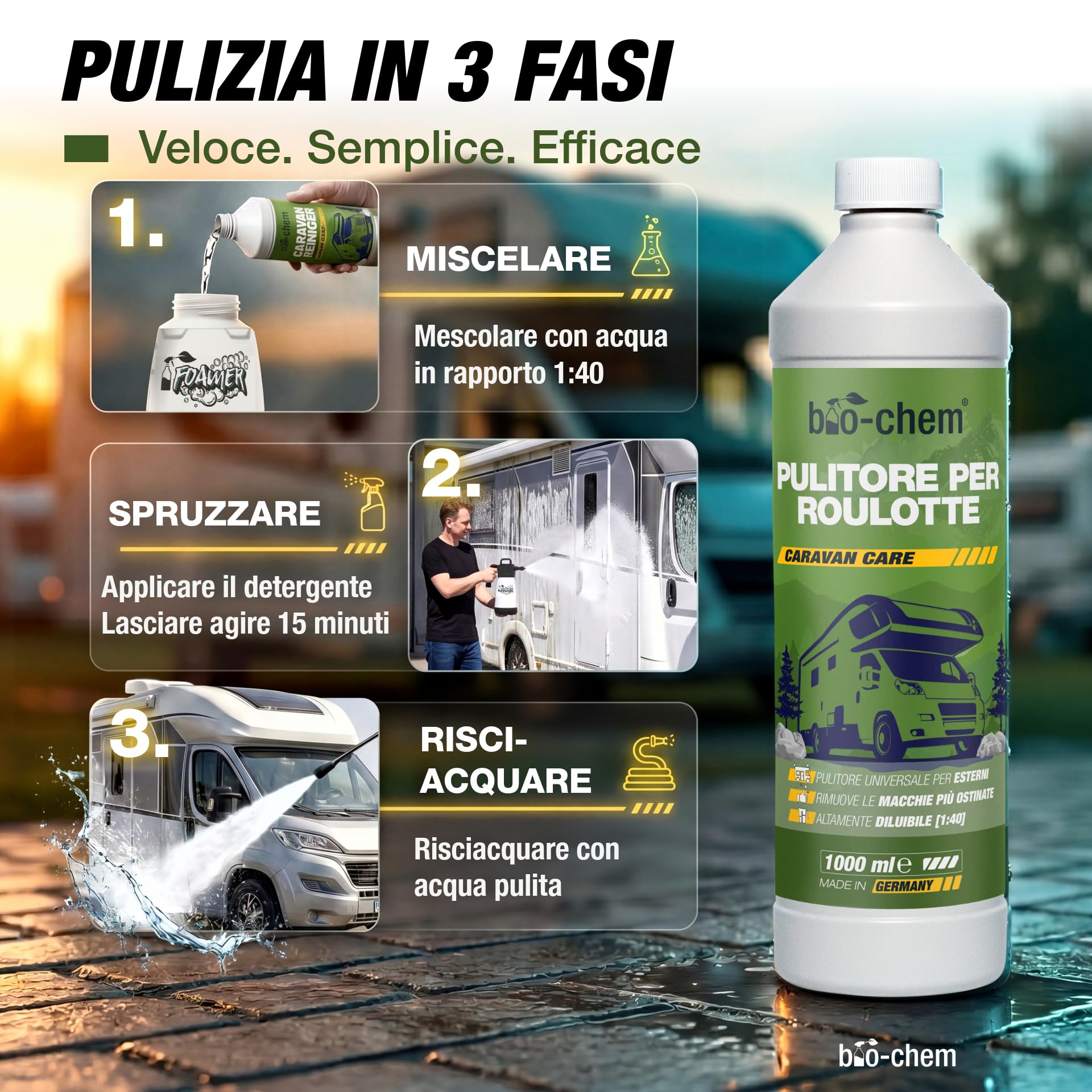 bio-chem - Prodotto per la Pulizia di roulotte e Camper 1L + spruzzatore di Schiuma 1,5L - Detergente per Caravan, Tende da Sole - Manutenzione dei Veicoli da Campeggio
