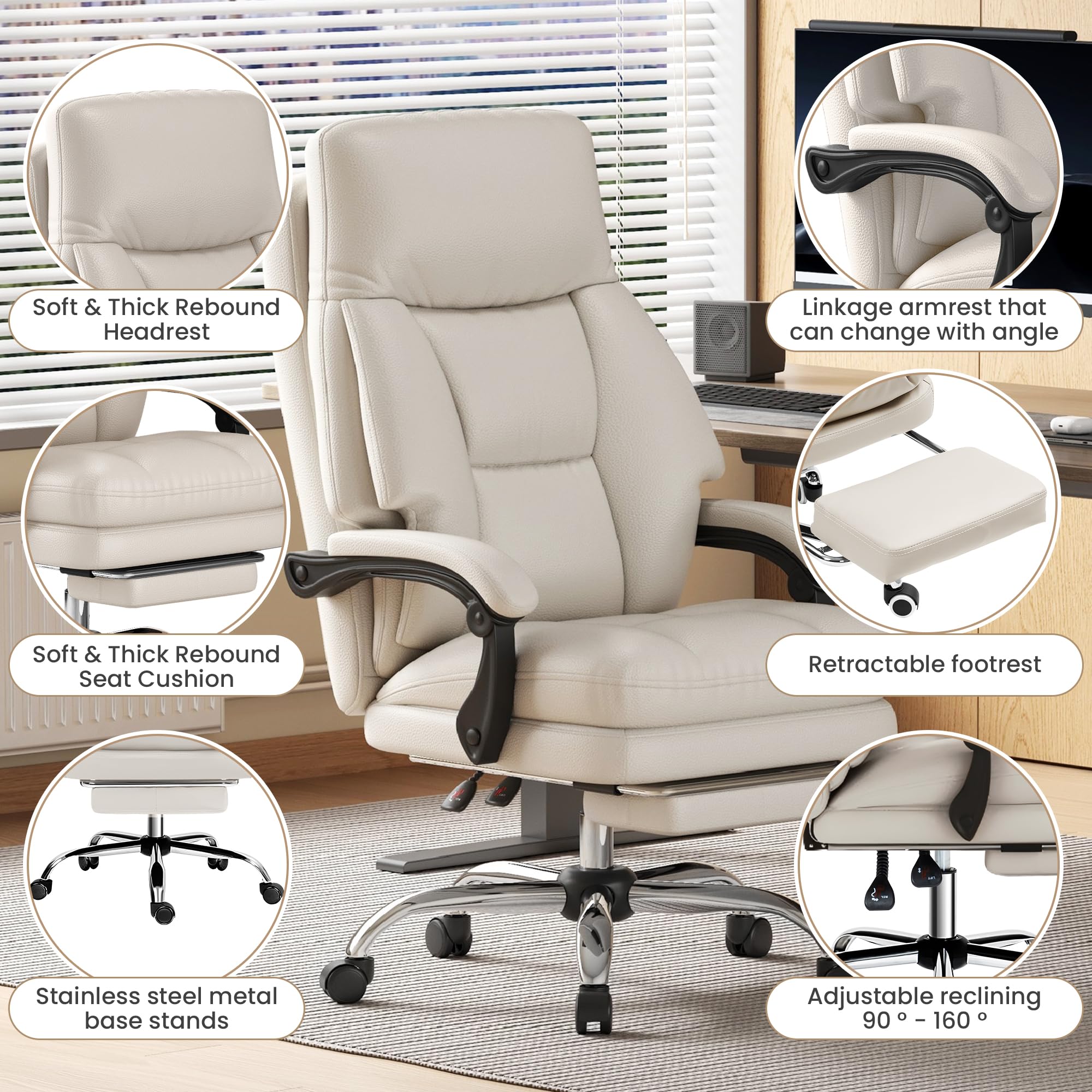 Home Office Desk Chair, 90°-160° Reclining, High Back Executive OfficeChair 400LBS with Footrest, Ergonomic Scratch-Resistant Faux Leather Computer Gaming Chair with Lumbar Support, White