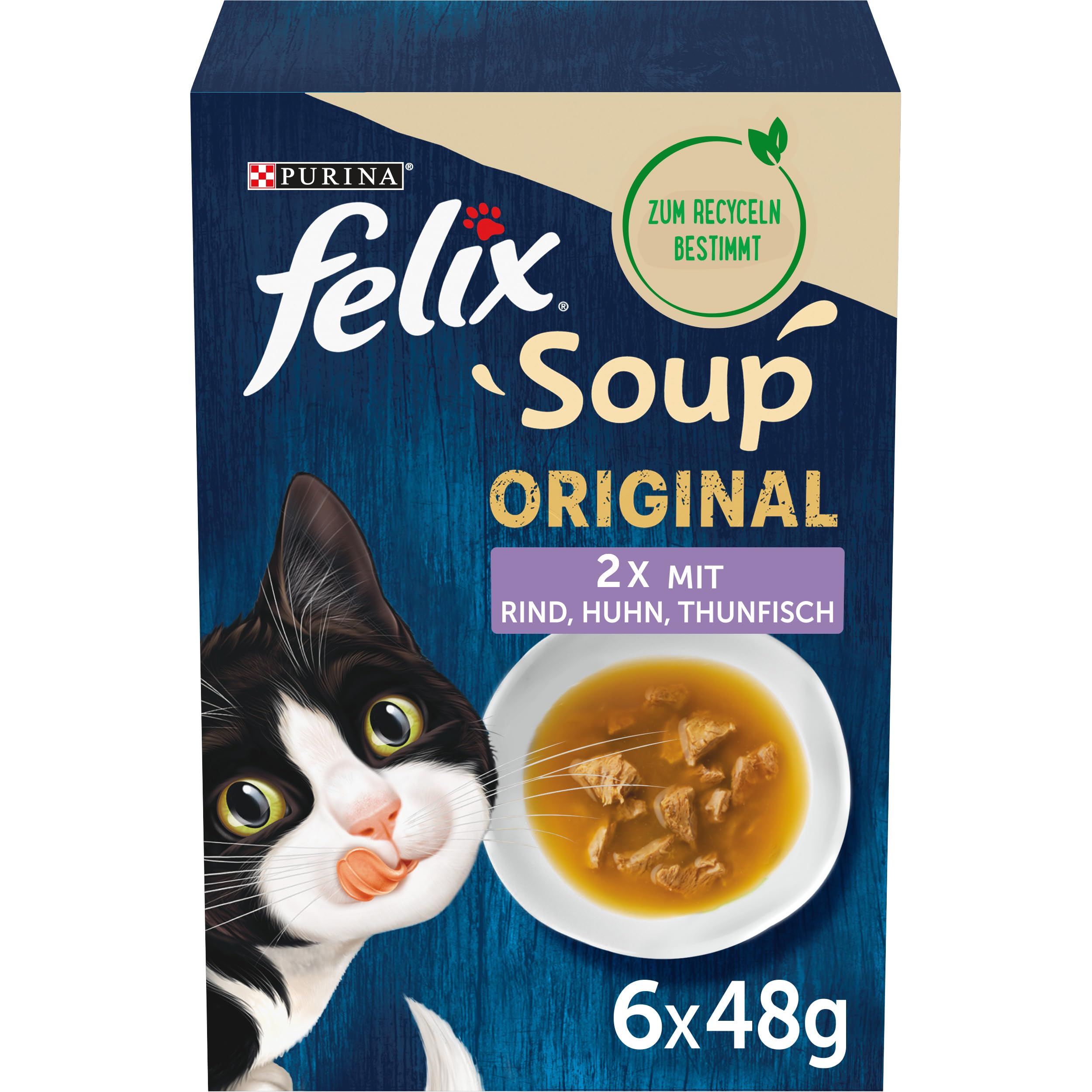 Felix Soup, Suppe für Katzen mit zarten Stückchen, Sorten-Mix, 8er Pack (8 x 6 Beutel à 48g)