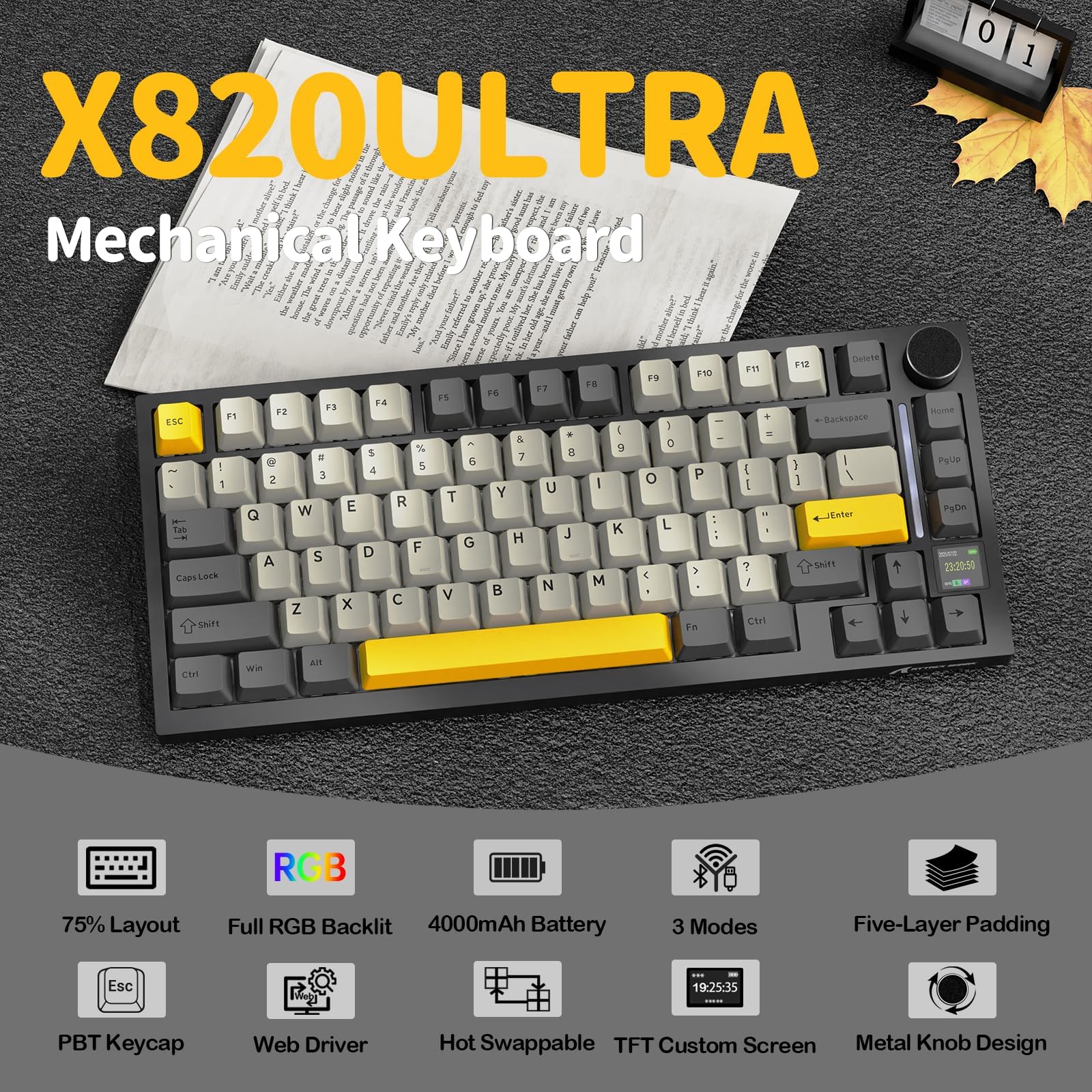 ATTACK SHARK X820 Ultra Clavier Mécanique sans Fil avec Écran TFT Intelligent & Molette, Clavier Gaming 75% Hot-Swappable, BT/2,4G/Câblé, LED RGB Orientation Sud, Touches PBT (Noir–Shark Switch)