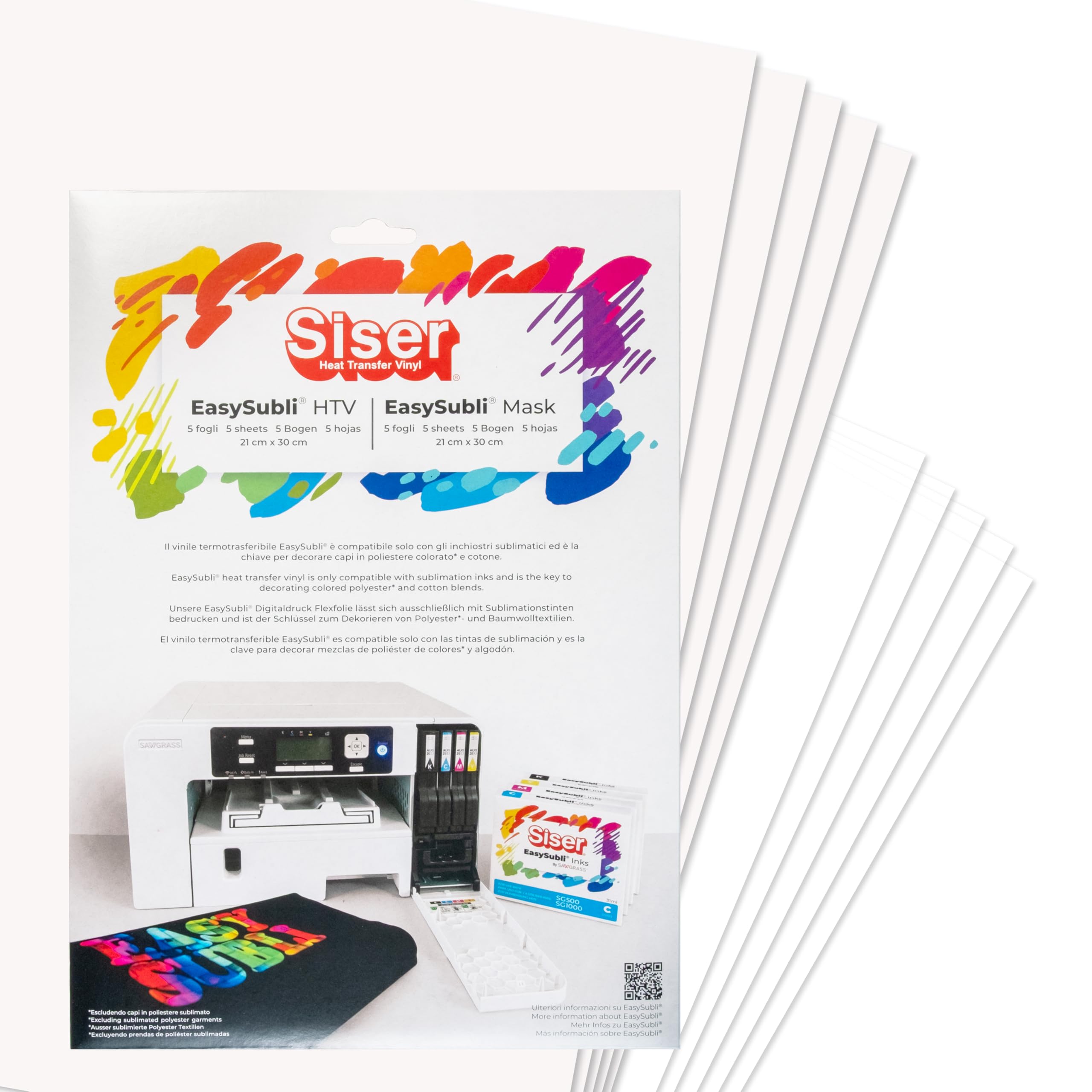 Siser Easy Subli pack 5+5, vinile termotrasferibile termoadesivo stampabile con stampanti ad inchiostri sublimatici. 5 fogli formato a4 di Easy subli e 5 fogli formato A4 di application tape