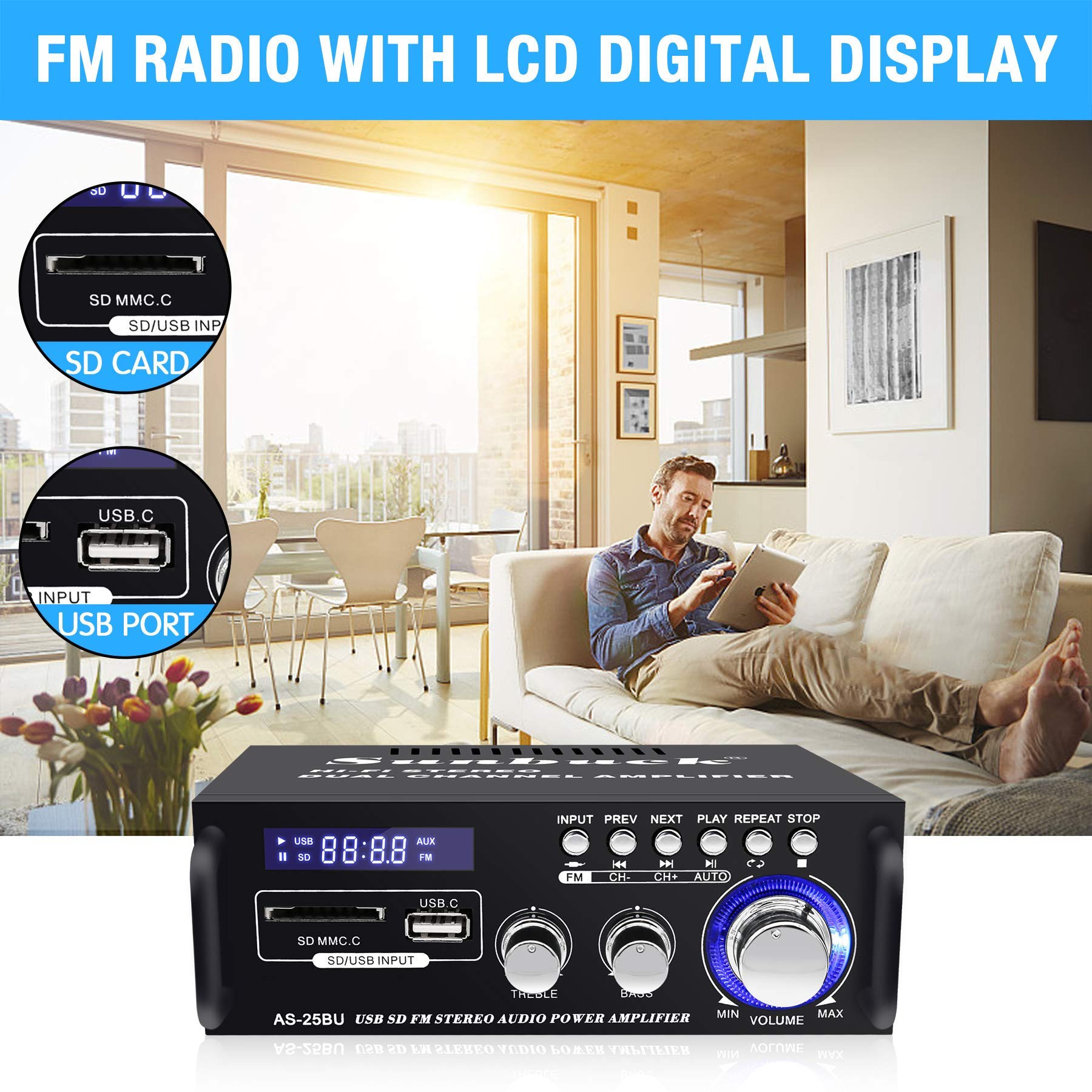 180W Wireless Bluetooth Stereo Amplifier, Sunbuck Dual Channel Sound