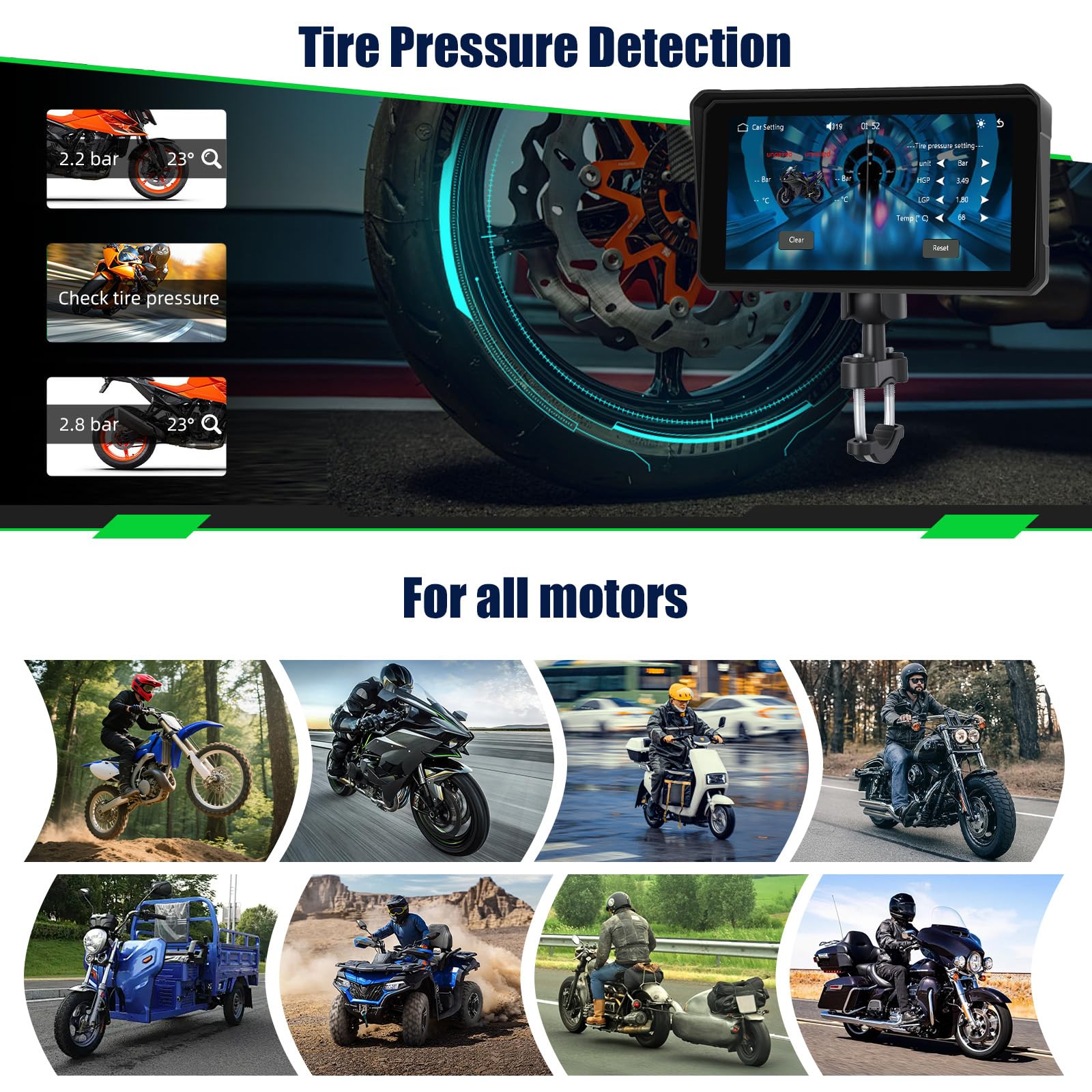 GPS CarPlay Écran pour Moto avec TPMS Système, CarPlay sans Fil Android Auto, Appareil de Navigation pour Moto étanche IP68 6 Pouces avec Bluetooth Mirror Link Siri EQ