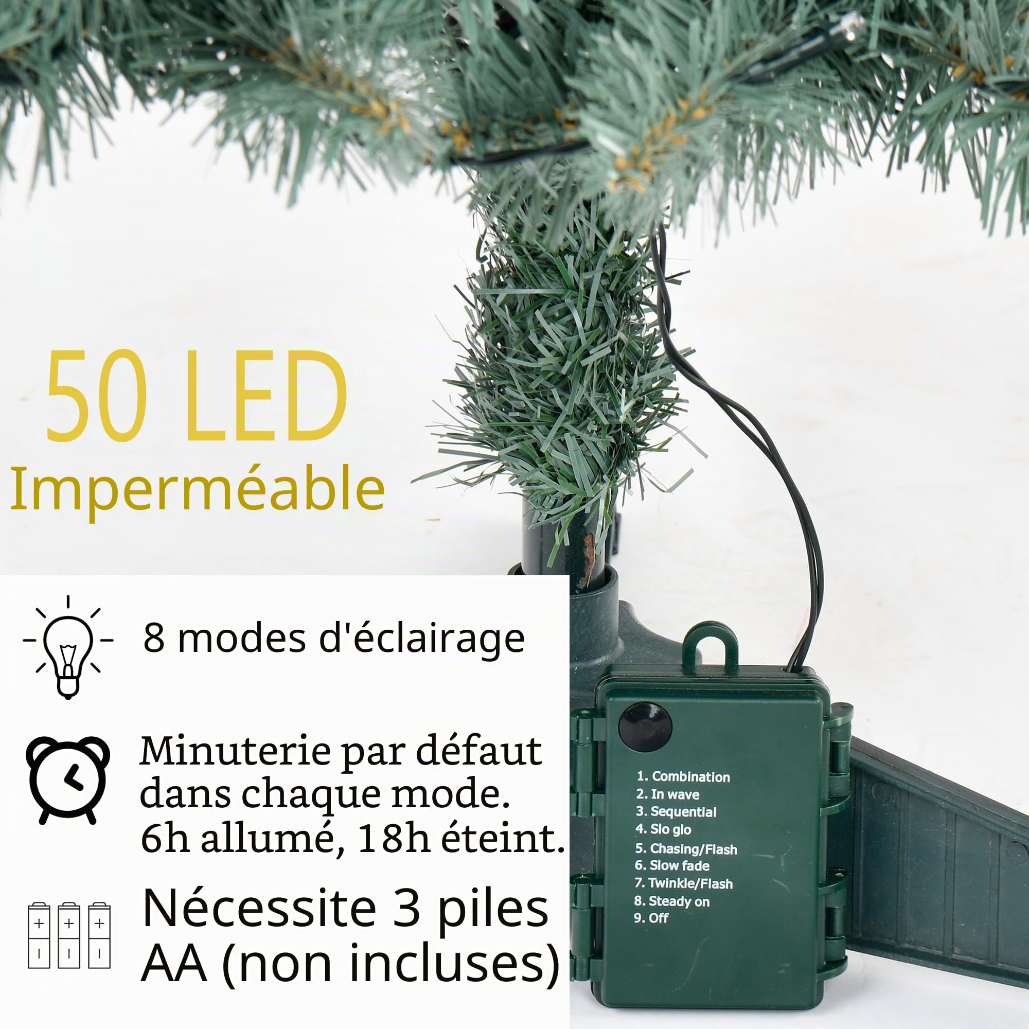Sapin de Noël artificiel pré-éclairé de 0,9 m, fonctionne à piles avec 50 LED et 160 branches, mini sapin de Noël décoratif d'intérieur et d'extérieur