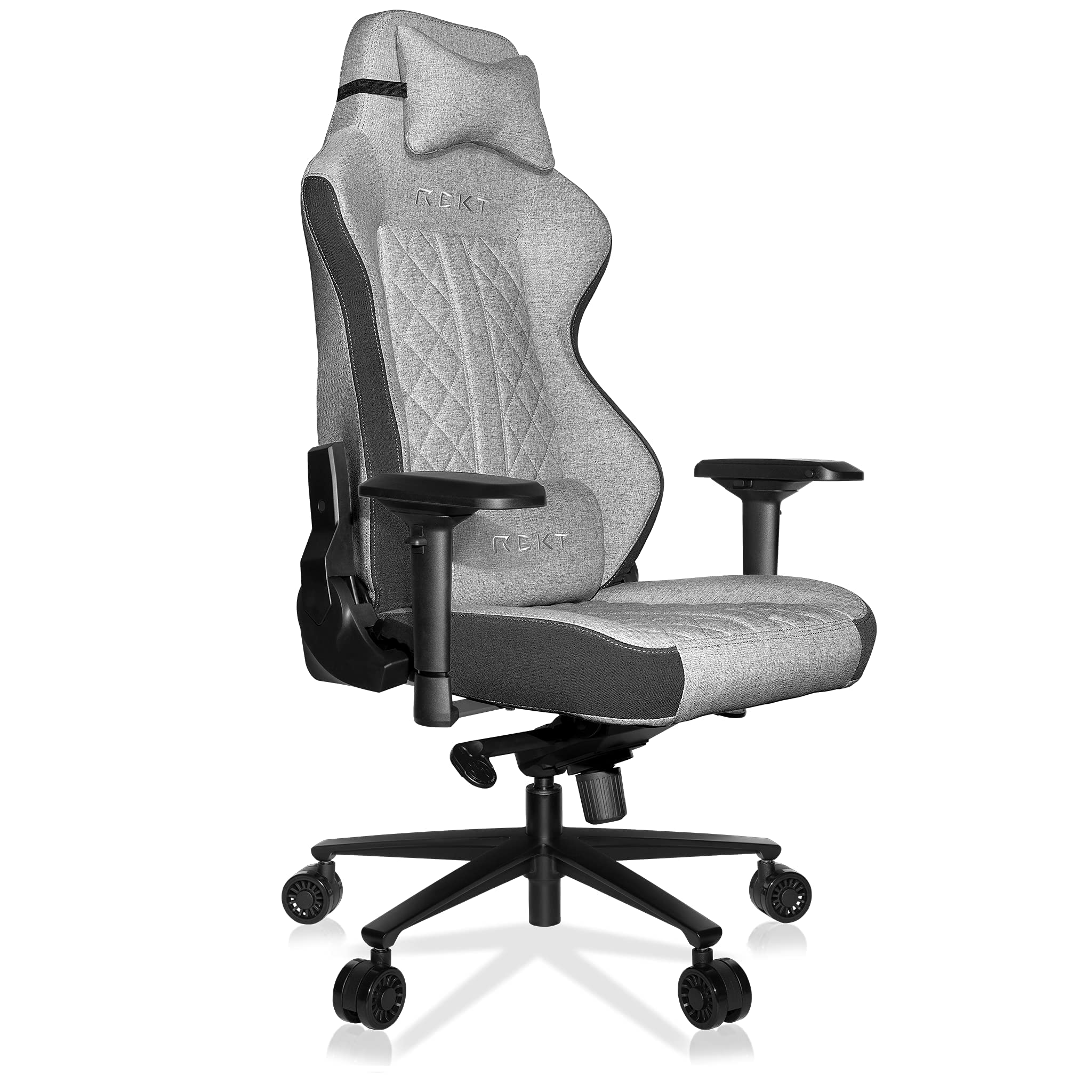 REKT ULTIM8 Plus - Chaise de Bureau Gaming XL Grand Taille en Tissu Premium - Inclinable à 180 ° - Accoudoirs 4D - Coussin Ajustable pour La Nuque - Coussin Lombaire - Supporte 150 Kg (Gris Clair)