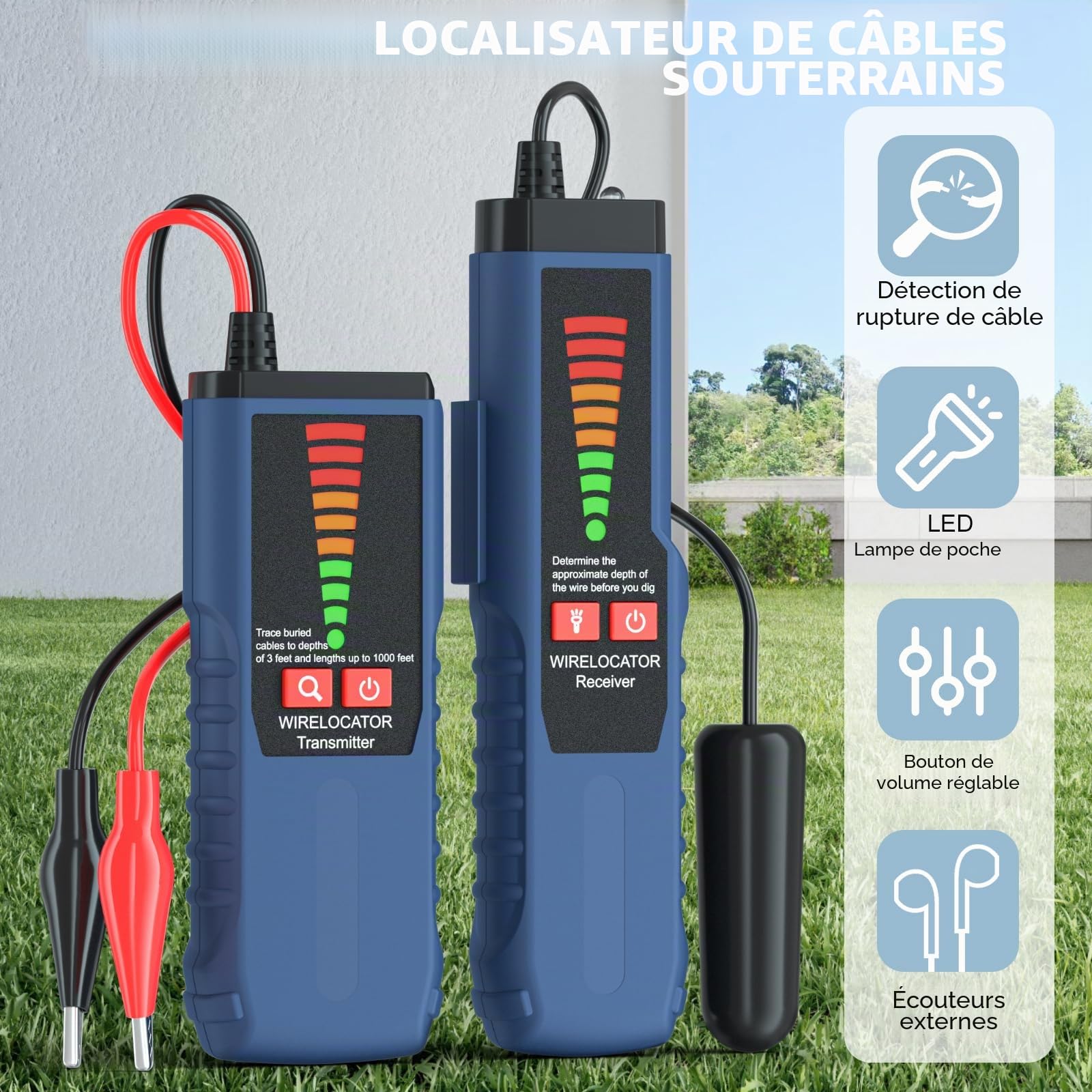 F04 Détecteur de câbles souterrains, détecteur de fils avec casque, testeur de câble pour câble de clôture pour chiens, fils pour programmateur d'arrosage