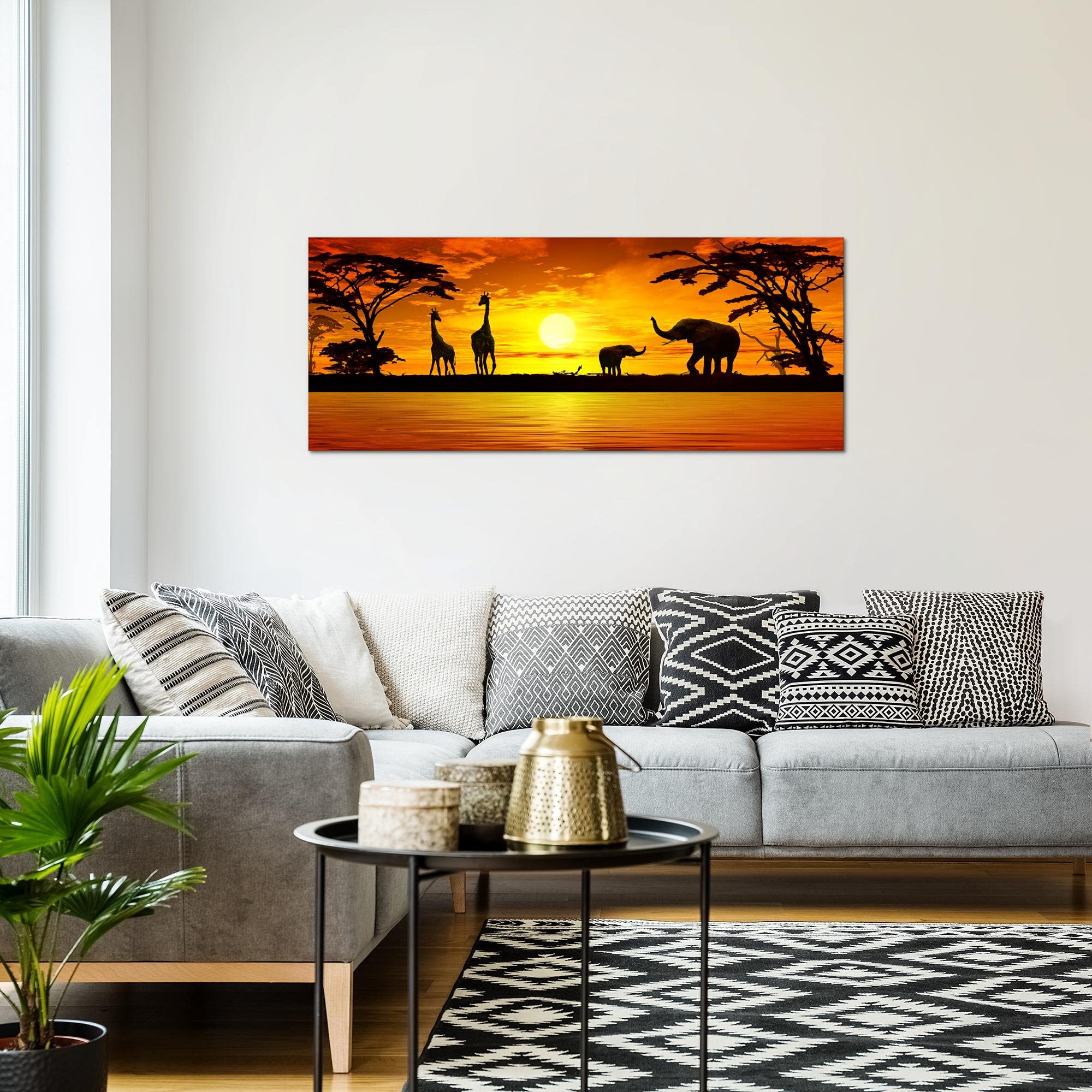 Runa Art Quadri Moderni Africa Tramonto 1 Pezzo L'immagine Tela Non Tessuta Soggiorno Corridoio Giraffa Elefante Arancia 000212a