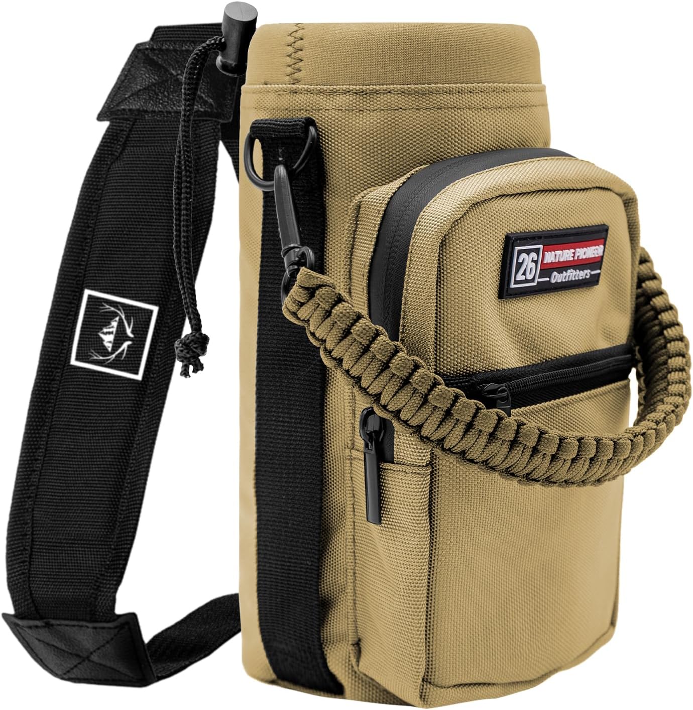 NATURE PIONEOR Water Bottle Holder with Adjustable Strap - 26/32/36/40/46/64oz Insulated Water Bottle Sling Carrier with Paracord Handle & 2 Pockets, Outdoor Sports, Hiking, Camping, Gym