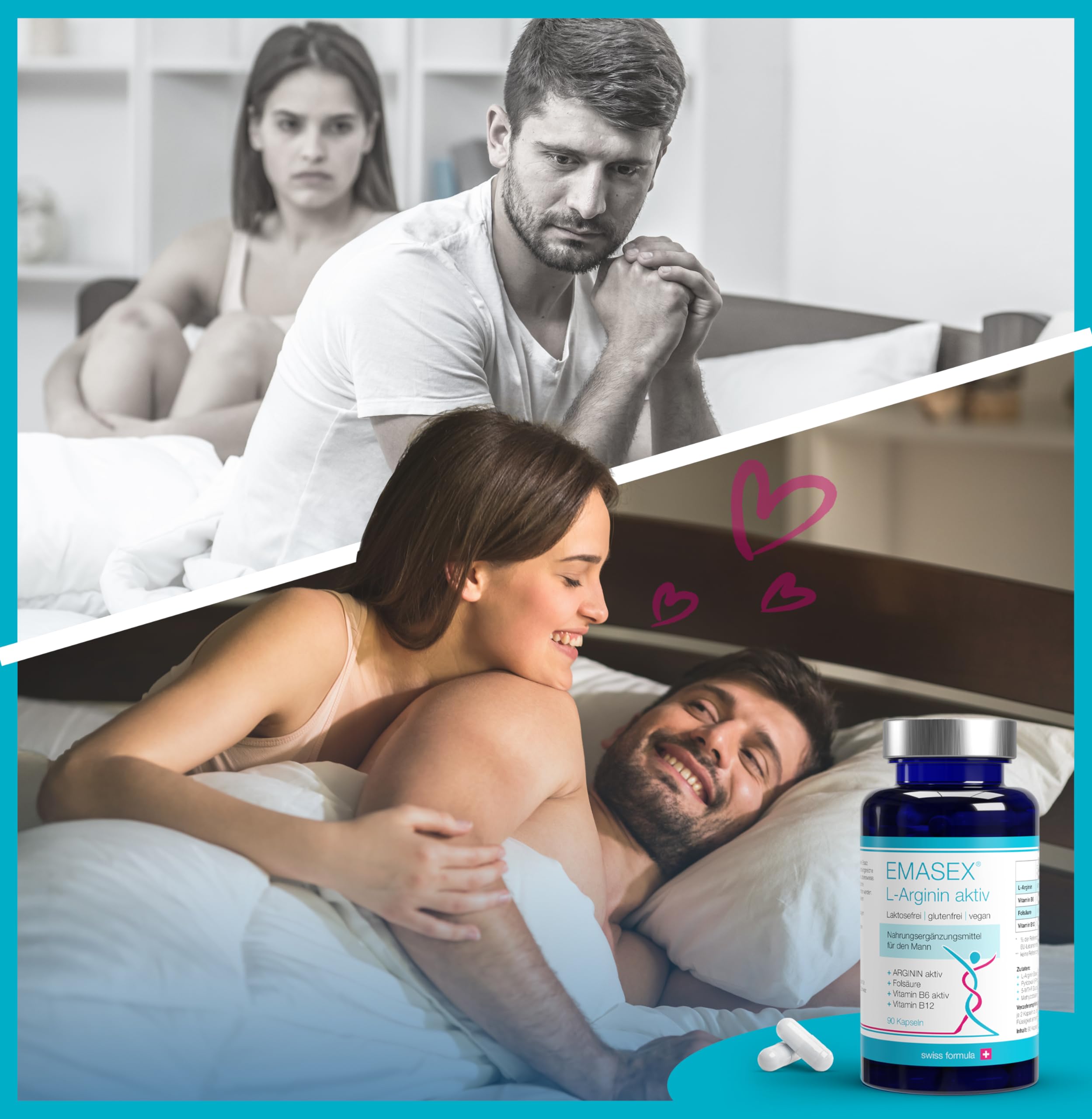 EMASEX L-Arginin bioaktiv 2680mg - Hochdosiert mit B6, B12 & Folsäure - Swiss Formula für Männer - Vegan, Durchblutung & Vitalität - 90 Kapseln
