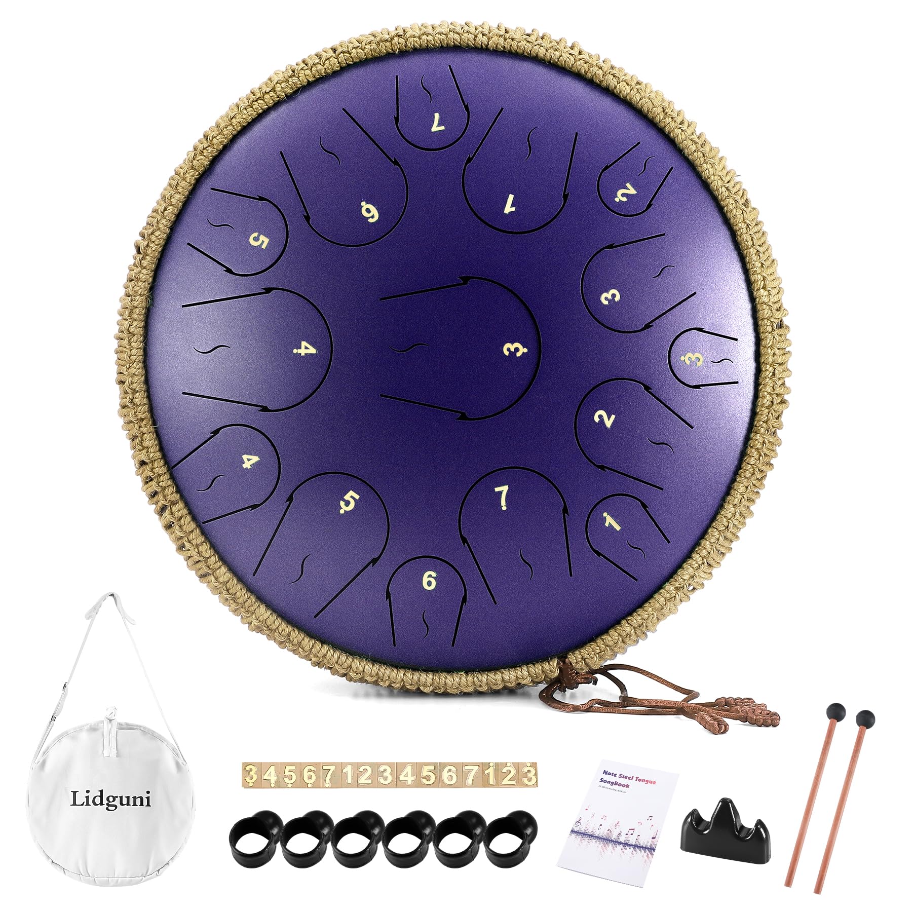 lidguni steel tongue drum, 14 inch 15 note hand pan drum, tongue drum instrument with music book, steel handpan drum mallets and carry bag, c major, handpan drum for adults (deep blue)