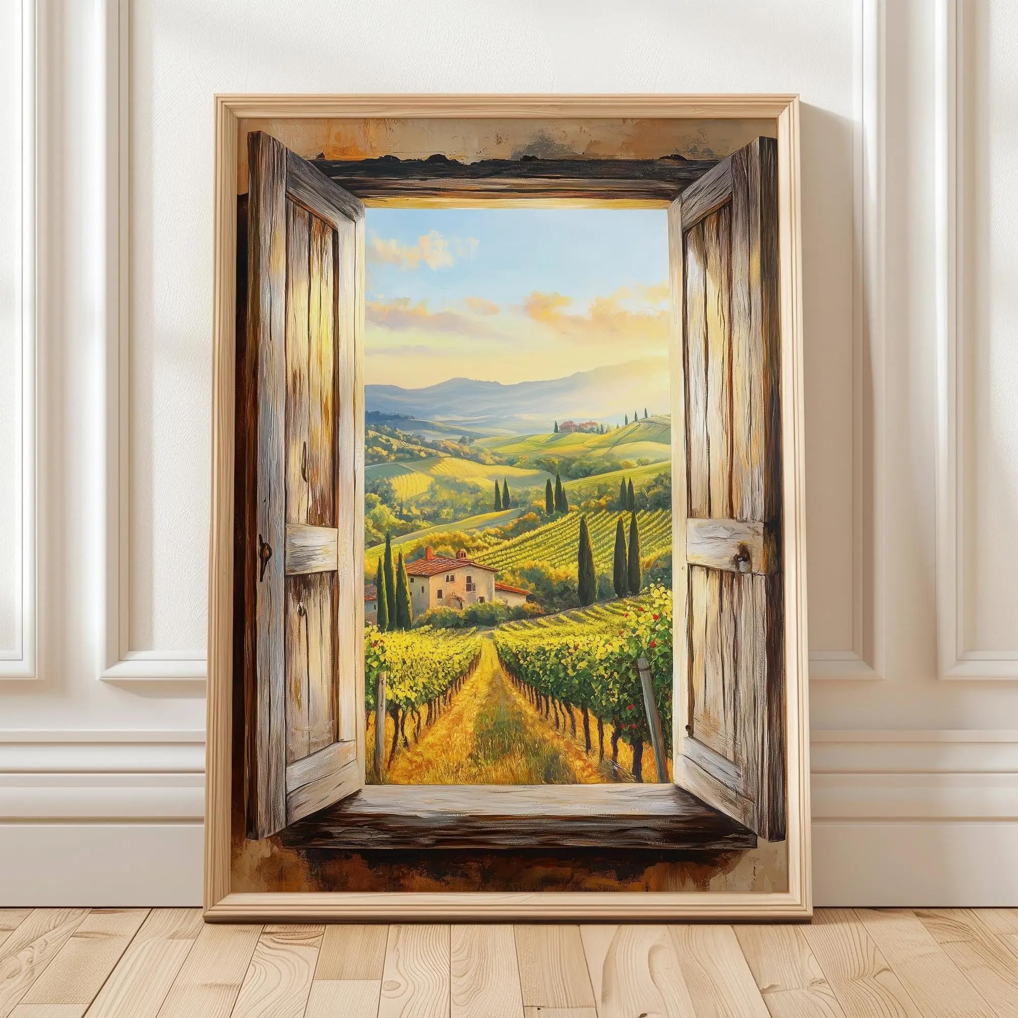 GOSRD Canvas Prints Poster Painting Greek Window View Art Ancient Temple Landscape Poster Mediterranean Print Rustic Greece Scene(35x50cm)