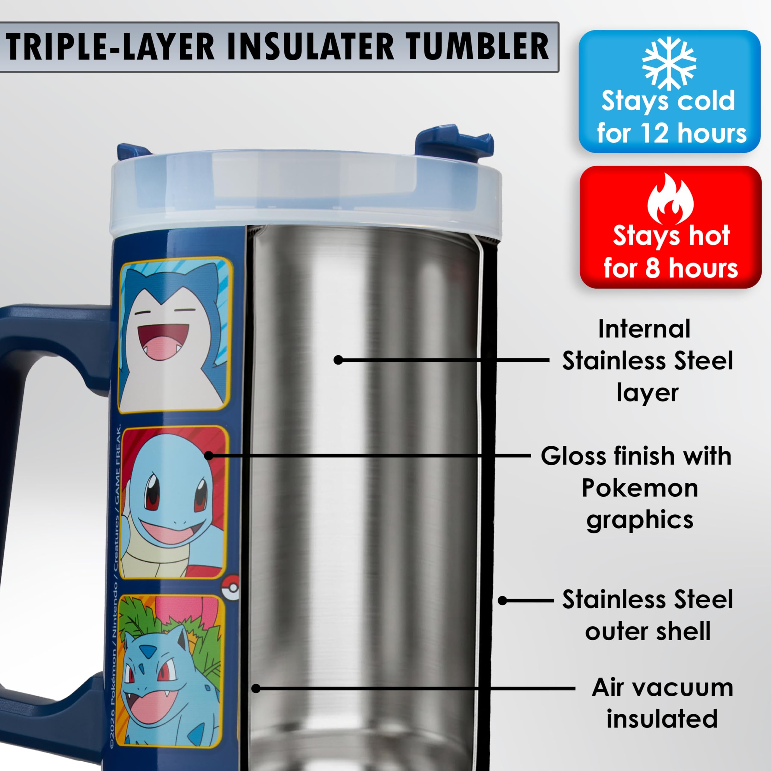 Get Trend Pokemon kubek termiczny 920 ml, butelka ze stali nierdzewnej, kubek ze słomką i uchwytem, utrzymuje lód 42H zimno 12H ciepło 8H, kubek podróżny bez kapania BPA za darmo, oryginalny prezent