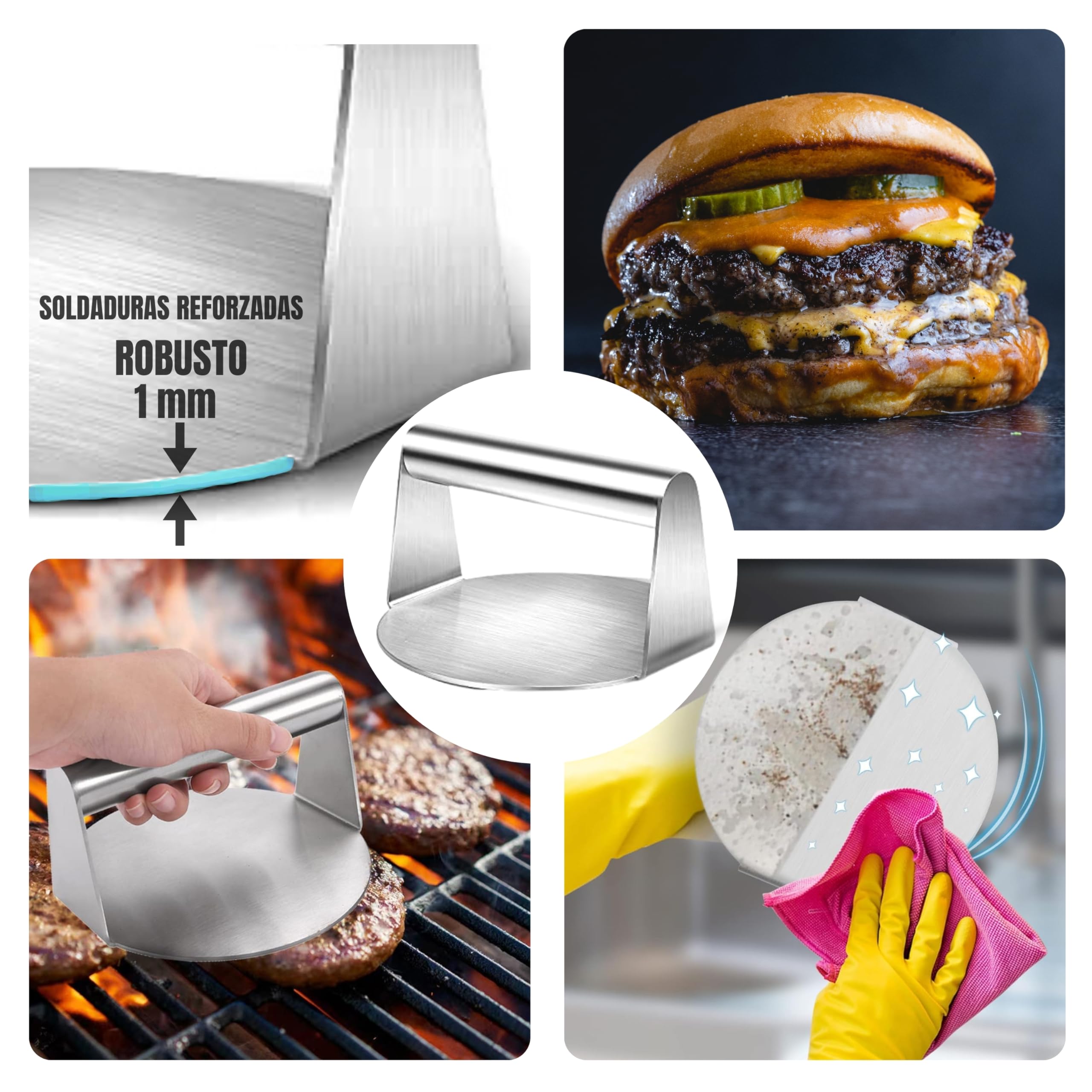 Kit Smash Burger 3 Piezas – Prensa Smash Burger, Aplastador Hamburguesas y Campana Queso