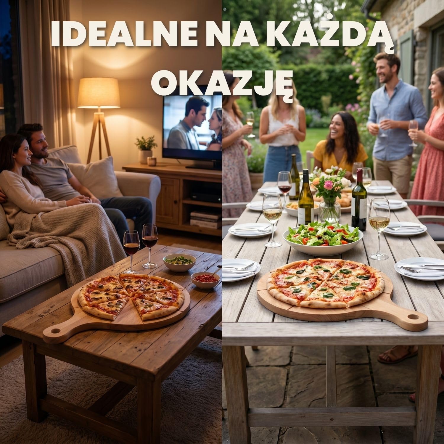 2 drewniane talerze do pizzy z litego drewna bukowego z uchwytami 33 cm | 33 cm, Lite drewno, Wygodne serwowanie, Zestaw 2 sztuk, Idealne do kuchni i ogrodu, Praktyczne uchwyty