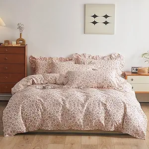 VM VOUGEMARKET Cotton Duvet Cover Twin Pink Flower Duvet Cover with Ruffle Pillowcases Teen Girls Aesthetic Bedding Set Garden Style Blooming Comforter Cover with Zipper Ties (3 pcs,68x86 Inch)