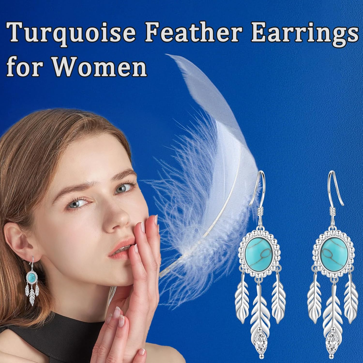 Turquoise Feather Earrings for Women - Silver Western Turquoise Earrings Vintage Native American Dangle Drop Jewelry Gifts Boho Feather Earring for Cowgirl - Image 5