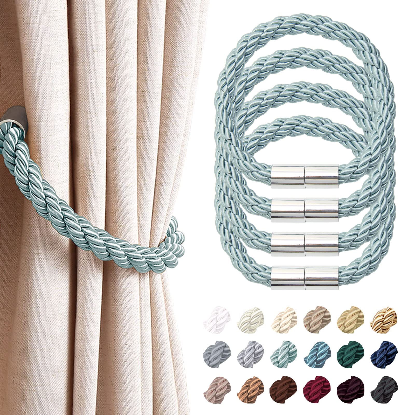 NICEEC 4 Pack Strong Magnetic Curtain Tiebacks Modern Simple Style Drape Tie Backs Convenient Decorative Weave Rope Curtain Holdbacks for Thin or Thick Home & Office Window Draperies (Blue-Grey)