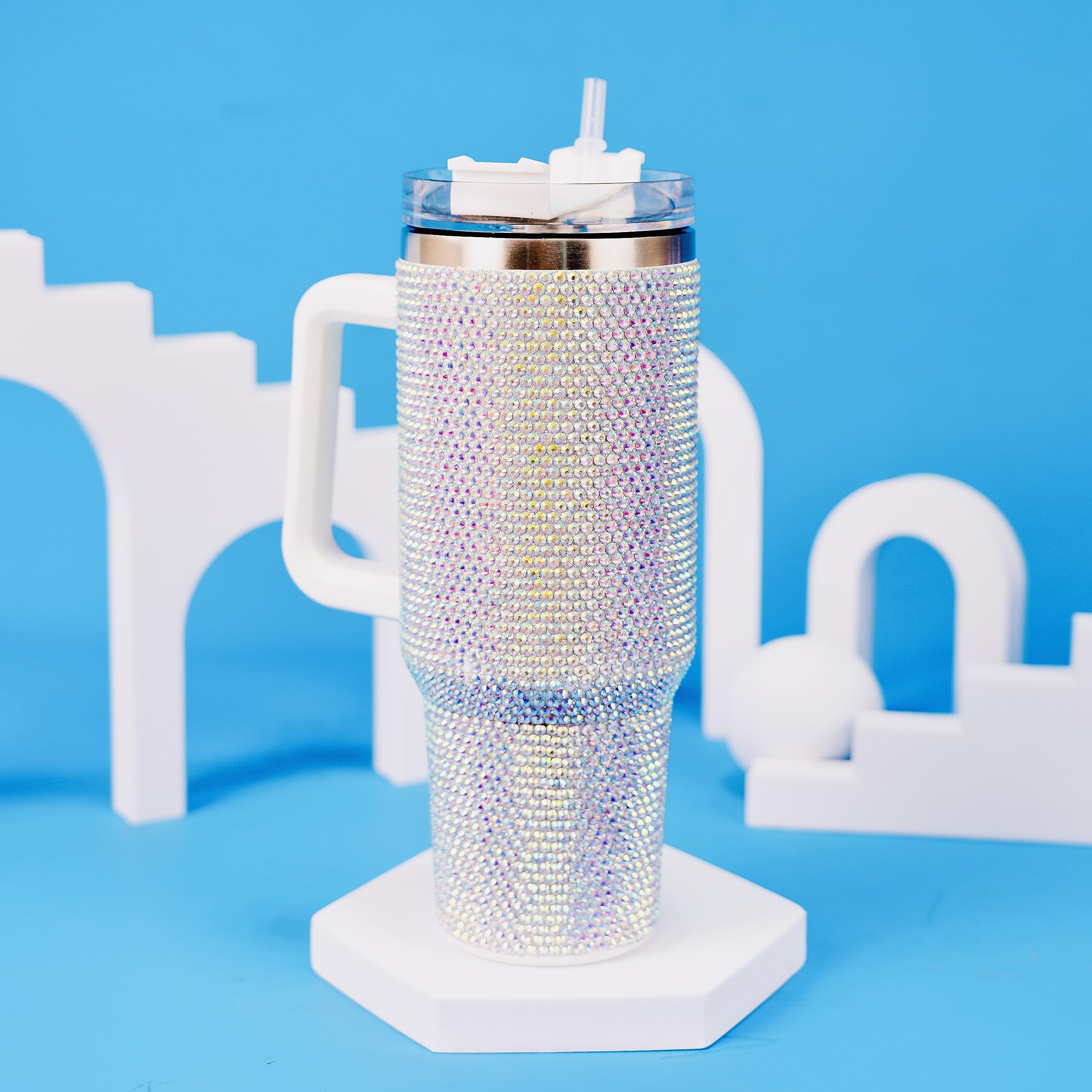 Glitzernder Becher mit Griff, Strasssteine, Becher mit Deckel und Strohhalm, isoliert, Edelstahl, doppelwandig, Wasserbecher, Reisebecher für Damen, 1,2 l, glänzend, 1,2 l
