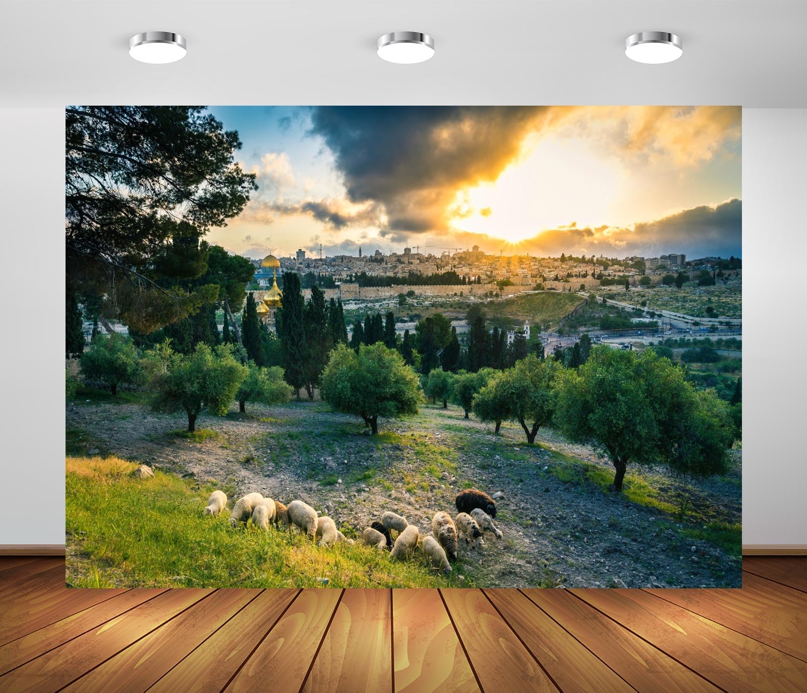 BELECO 5x3ft Fabric Sunset View of Old City Jerusalem Backdrop Sheep Grazing on Mount of Olives, Dome of The Rock, Jerusalem Cityscape Background