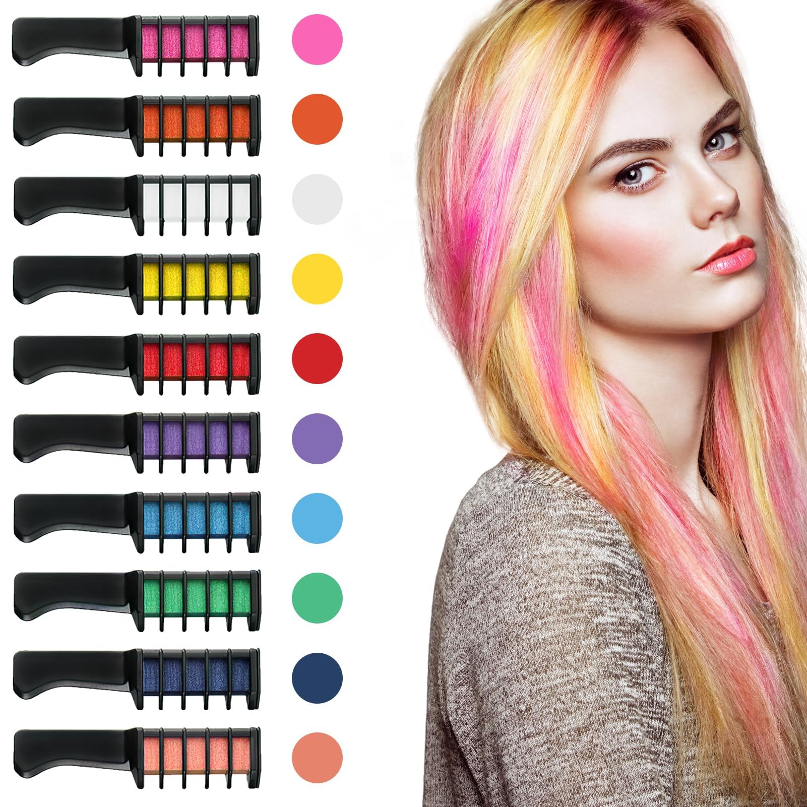 LANAFAY 10 Colores Tizas Para el Pelo, Peine de Tiza Para el Pelo, No Tóxico, Tiza Temporal Lavable, Hair Chalk Peine, para Navidad, Cumpleaños, Fiestas, Regalos para Niñas y Niños a Partir de 4 Años