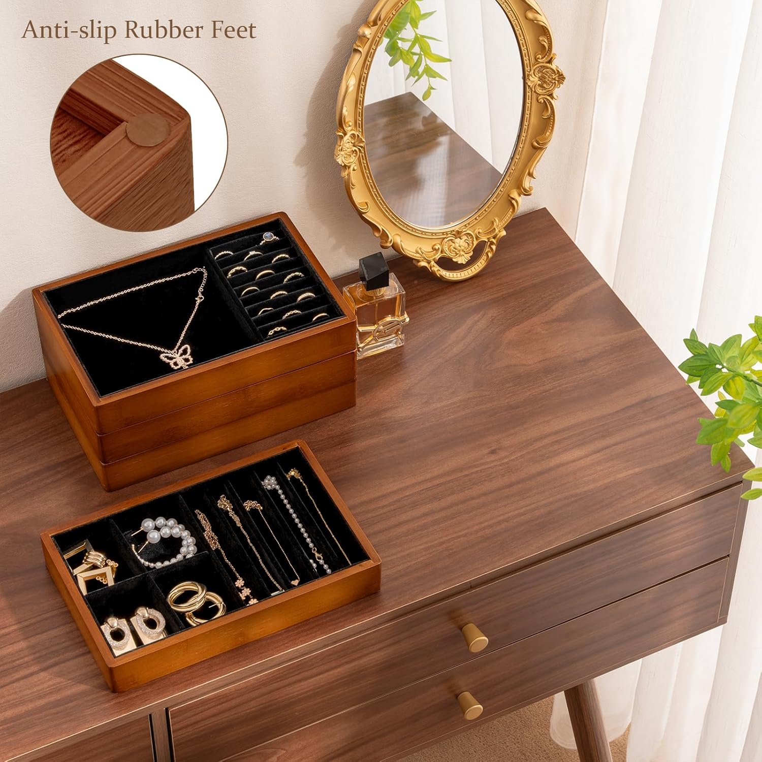 ProCase 4-Set Bamboo Stackable Jewelry Organizer Tray, Jewelry Drawer Inserts Container Display Case Storage for Earring Necklace Rings Bracelet with Removable Dividers -Black